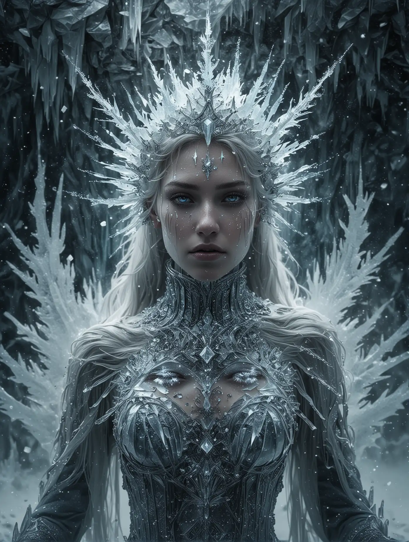 symbiosis of ice and girls, magic, ice queen, ice skin dark fantasy, grunge, dystopia, fractal surrealism professional photo, 4k, high resolution, high detail, glitter diamond dust blizzard, frost mountains, digital processing, digital reality, haze,
