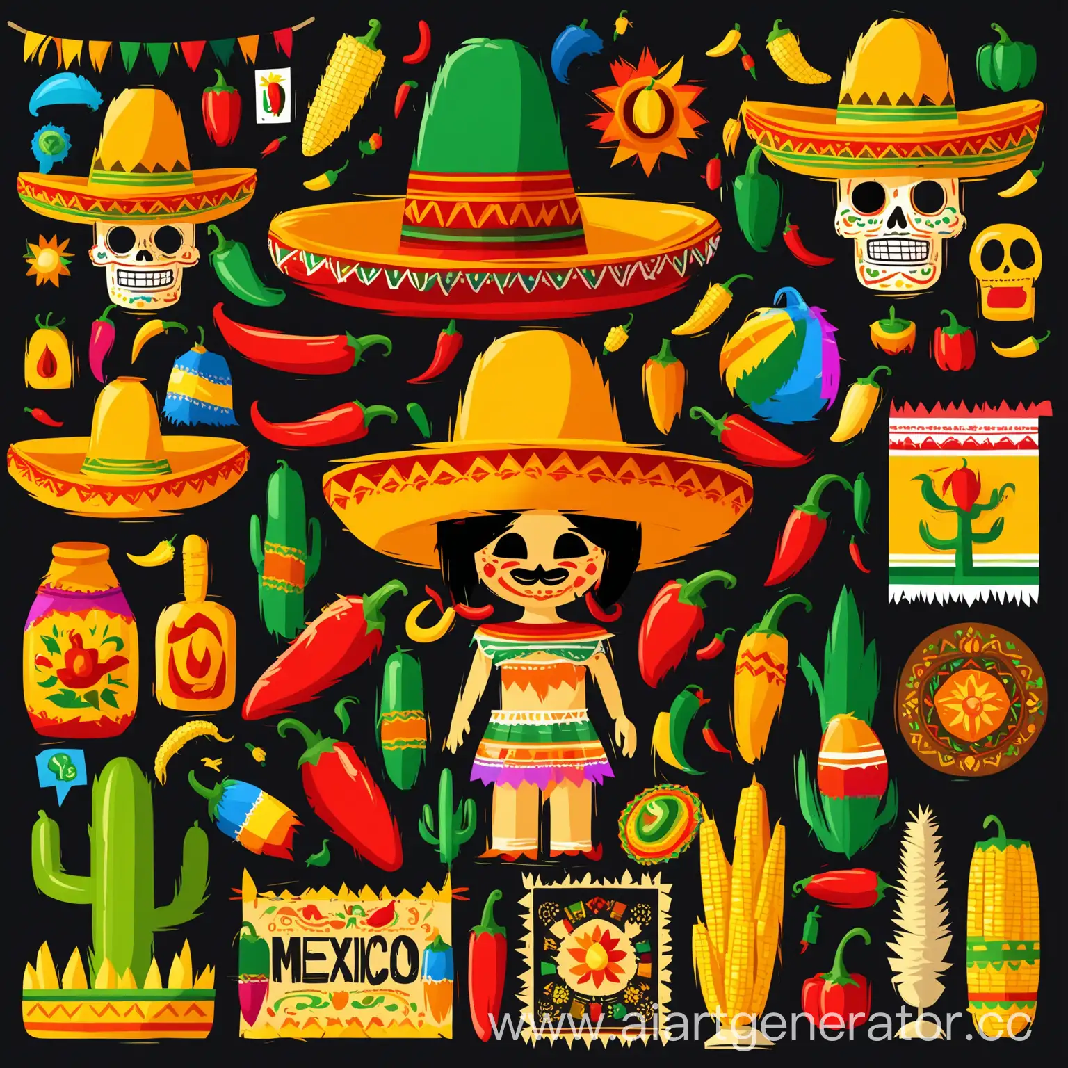 иконки, инфографика, мексиканский стиль, иконки в мексиканском стиле, иконки с мексикой, мексиканская шляпа, пиньята, перец халапеньо, кукуруза, перец чили, элементы мексиканской культуры