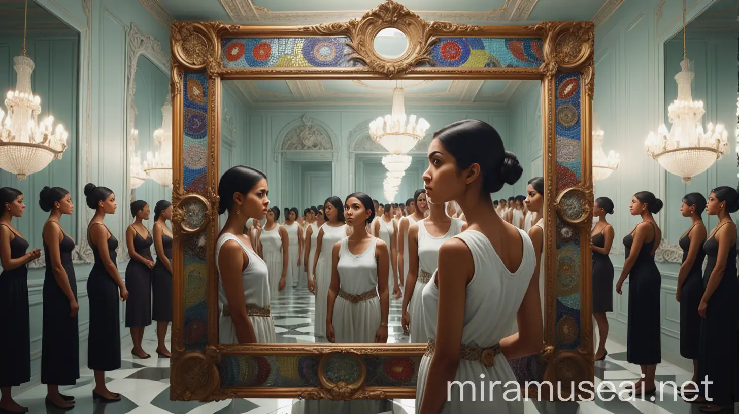 The image should feature a woman standing in front of a large, ornate mirror in a tranquil room. Instead of her reflection, the mirror shows a diverse crowd of people of different ages, ethnicities, and attire, representing society. The crowd in the mirror is a mosaic of various expressions and attitudes, symbolizing the multitude of societal perceptions and judgments. The overall tone should be reflective and subtle, with soft lighting to enhance the thoughtful ambiance of self-perception versus social perception.
there is only the woman in the room, the society is in the mirror