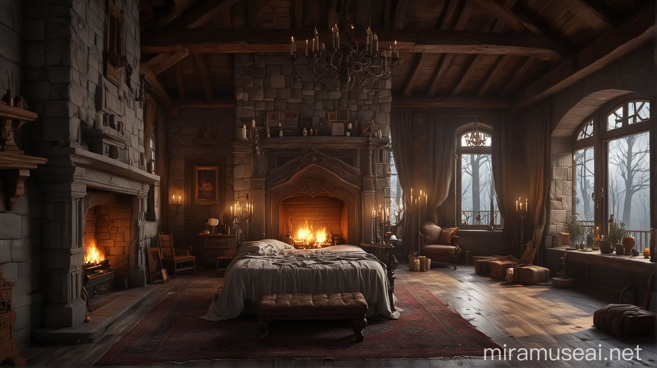 Realism Medieval Northern Castle Bedroom with Snowy Moonlit Forest View