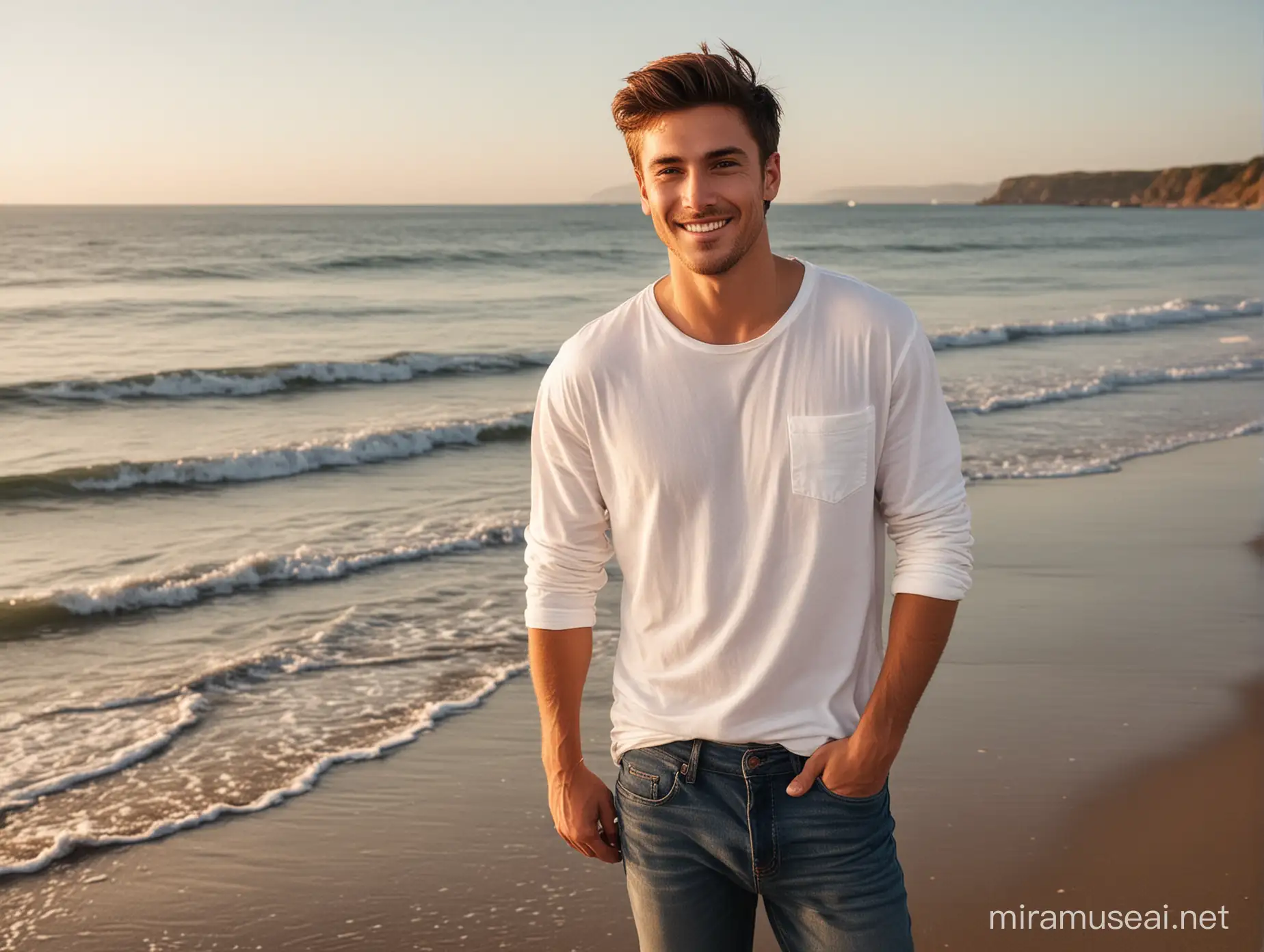 Young Man Enjoying Beach Sunset in Casual White TShirt and Jeans
