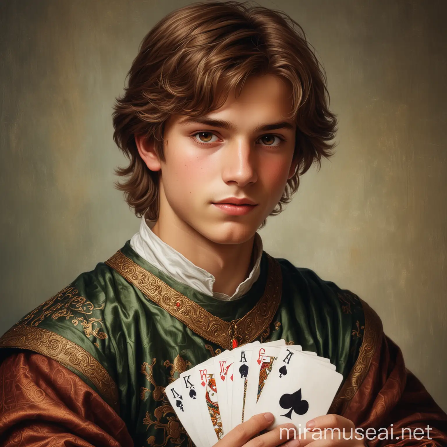 A medieval prince with brown hair, brown eyes and fair skin. He is fifteen years old and he is playing cards