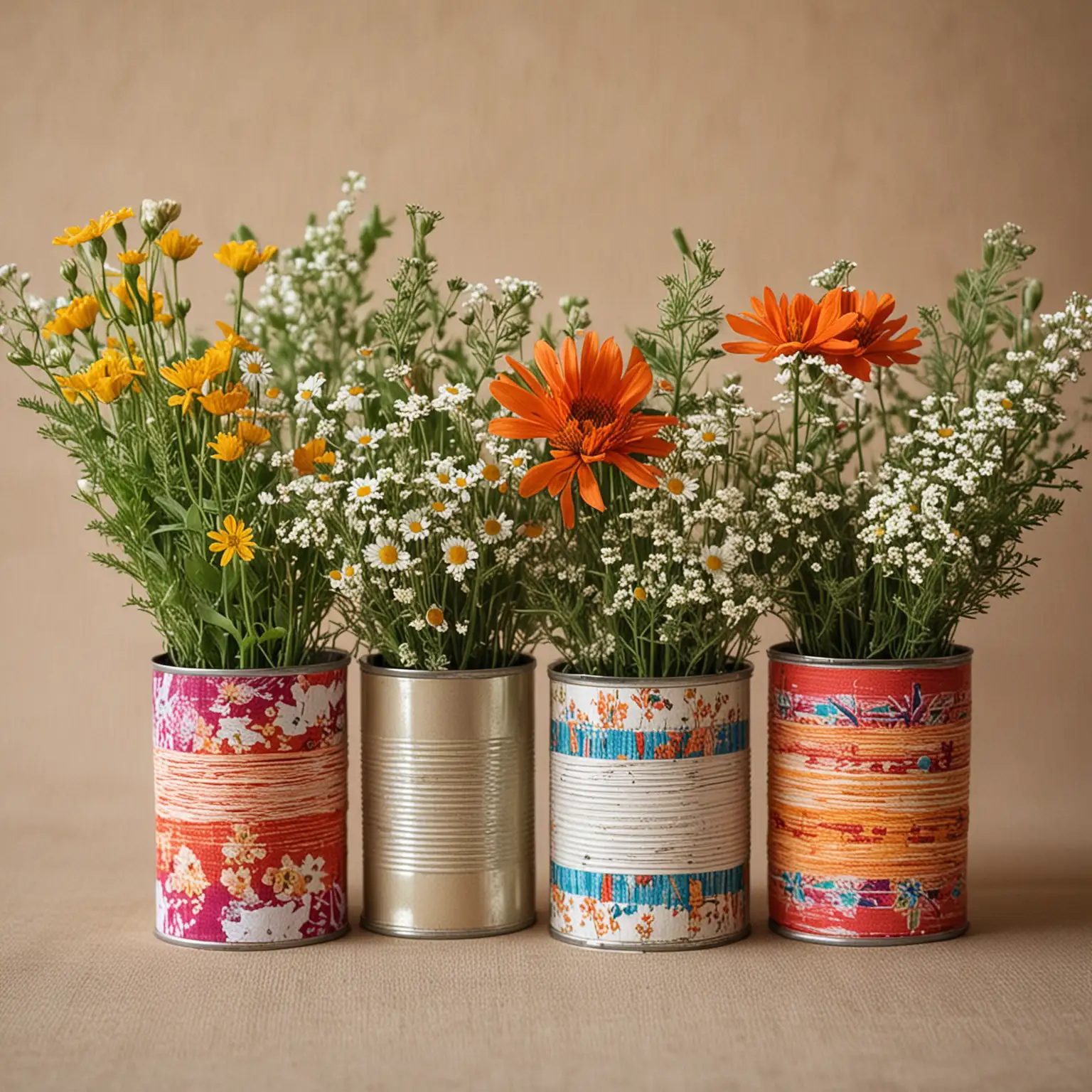 simple boho wedding centerpiece tin cans covered in bright boho fabric and filled with a small amount of neutral colored wildflowers; keep background neutral