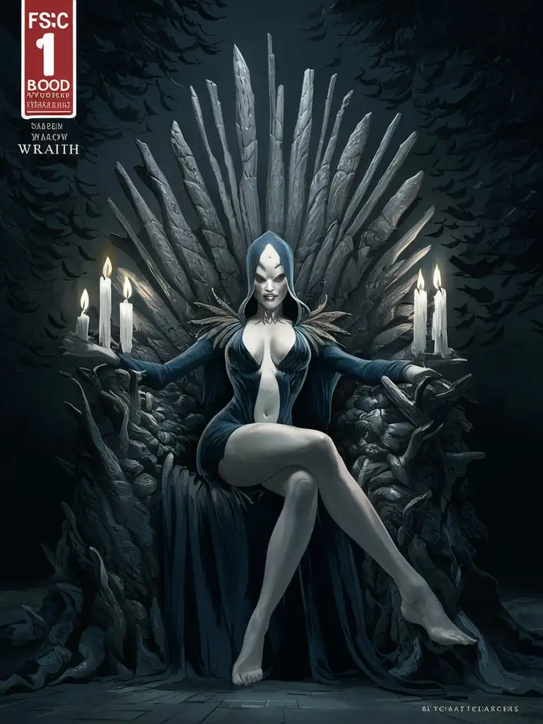  Design an bold 8K #1 comic book cover for "New Blood Collectables" featuring "Shadow Wraith" Using FSC-certified uncoated matte paper, 80 lb (120 gsm), with a slightly textured surface. Description: Shadow Wraith lounges on a throne made of darkness and silence, her eyes glowing like candles in the dark, as a swarm of shadows hover around her...