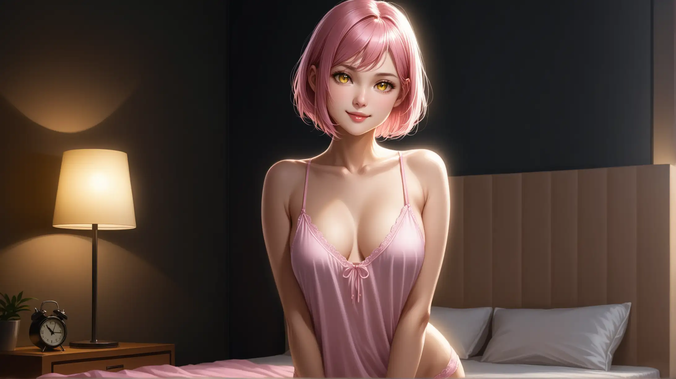 Seductive Woman in Revealing Sleepwear with Pink Hair and Yellow Eyes in Dimly Lit Bedroom at Night