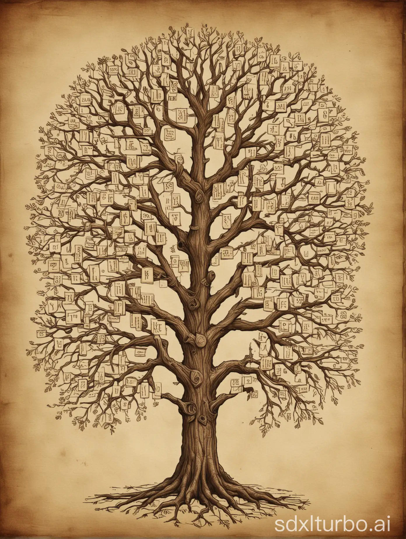 Skill tree, with 10 branches on each side, unadorned with any letters