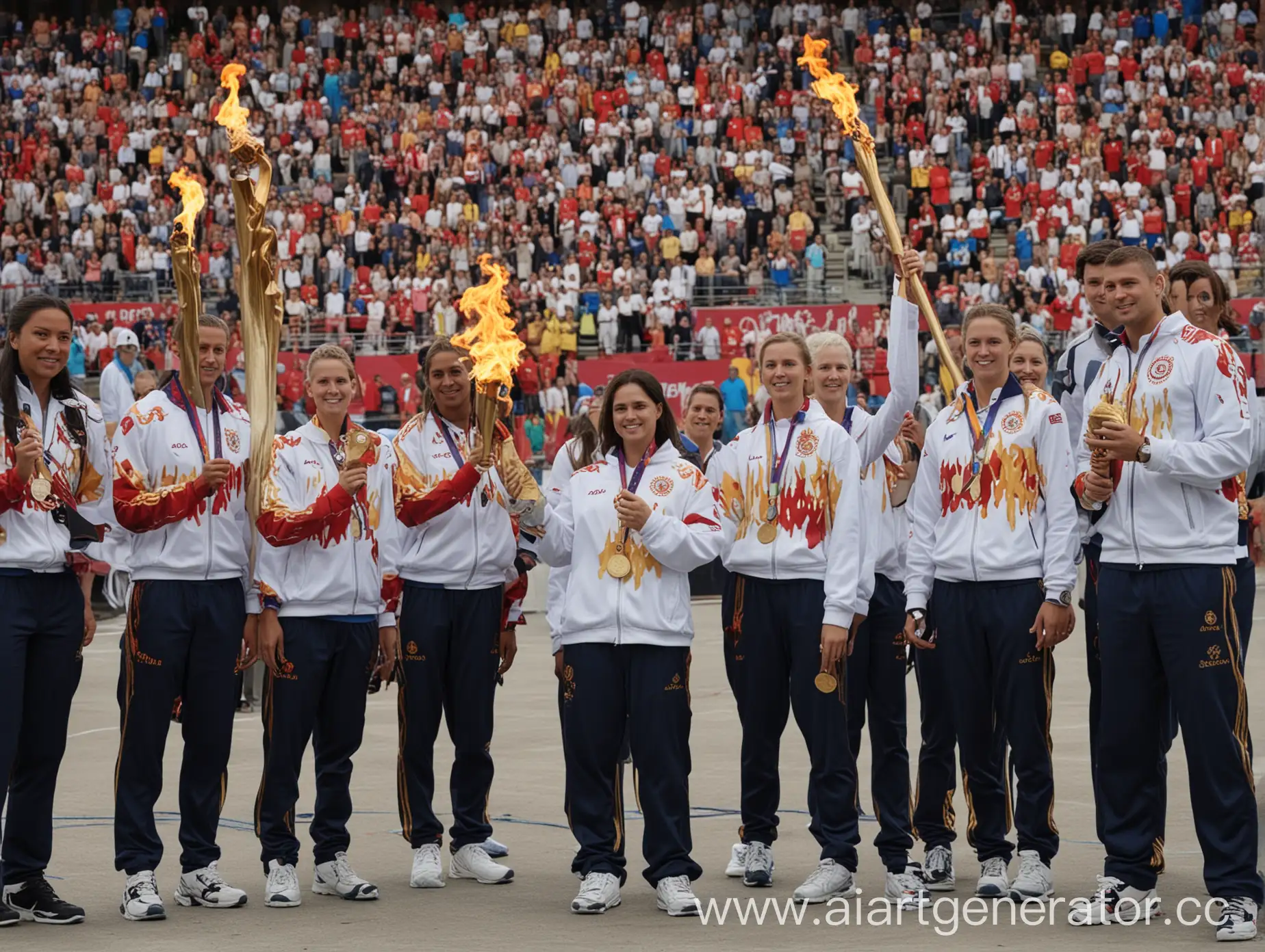 олимпийский мишка с олимпийским факелом и олимпийскими медалями в руках окружённый олимпийскими спортсменами