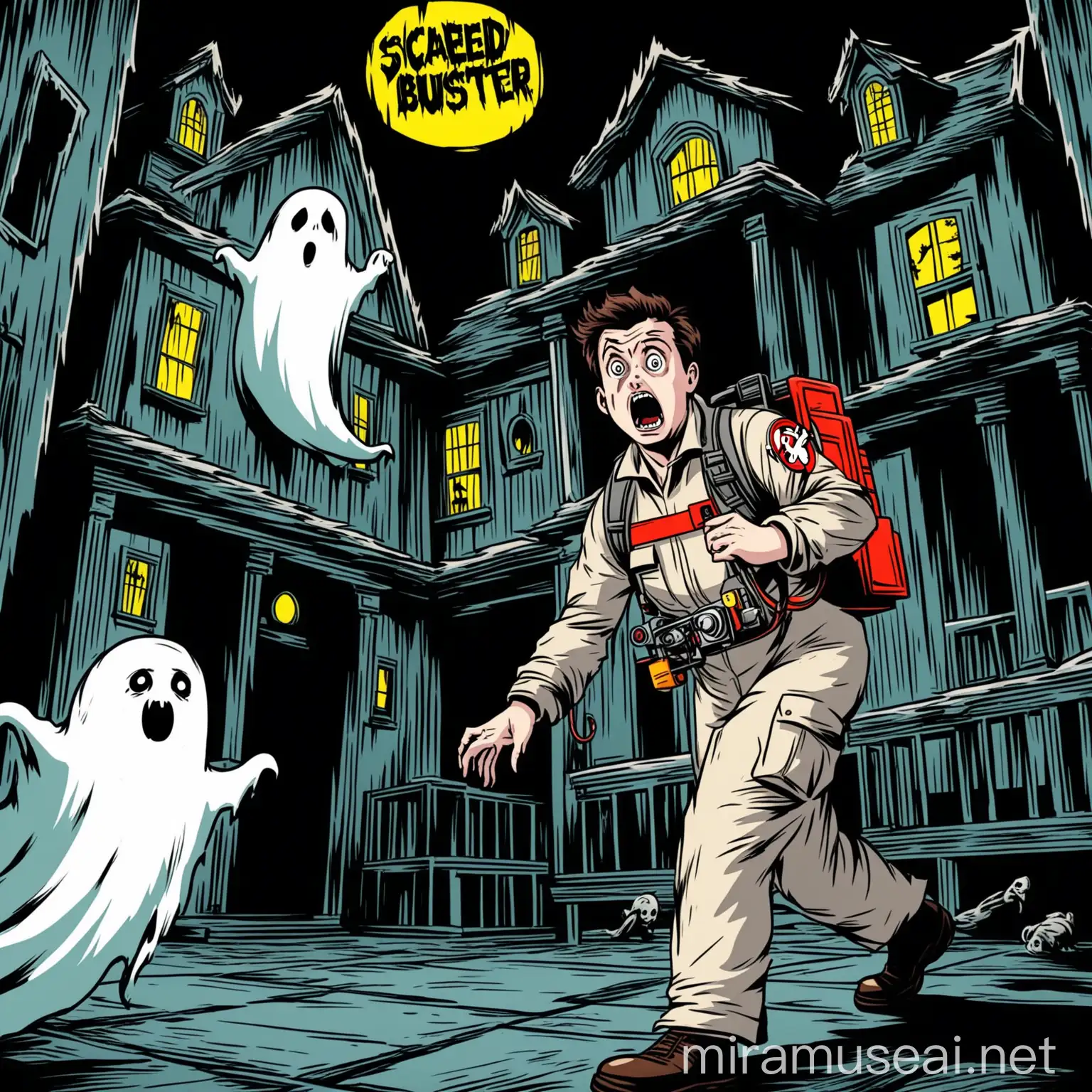 Comic style picture of scared ghostbuster in haunted house with ghost in the background