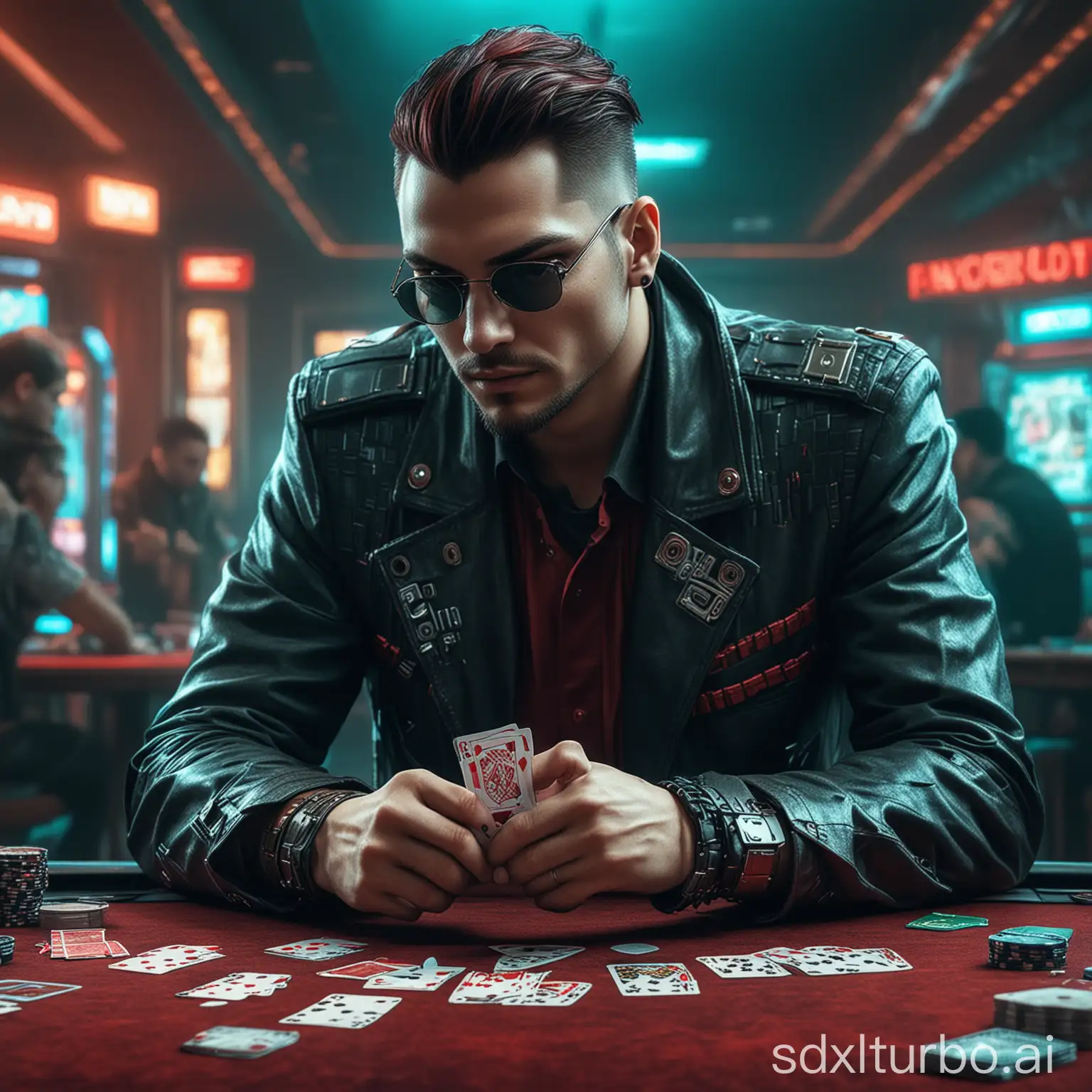 several men holding a deck of cards in front of a casino table, digital art, by Adam Marczyński, shutterstock, digital art, portrait of a cyberpunk man, attractive man, red and cyan theme, game promotional poster, cinematic outfit photo, portrait of ernest khalimov, 2 0 2 2 photo, fantasy art behanc