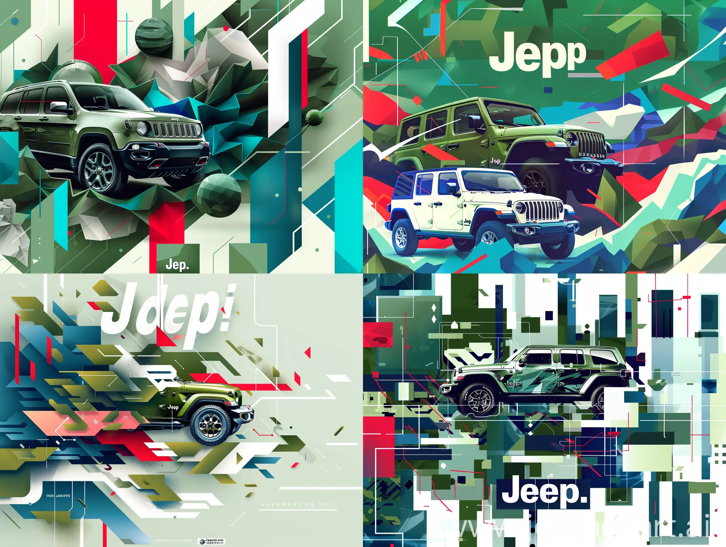 Jeep markasının özünü temsil eden ve kesinlikle araba görseli kullanmayan 20x8 cm boyutlarında (yatayda 20 cm) bir soyut arka plan tasarımı oluşturun. Tarihi kökenlerini sembolize etmek için retro askeri yeşil geometrik şekiller kullanın. Macera ruhunu turuncu, mavi ve yeşil gibi doğal renklerde dinamik, akıcı formlarla betimleyin. Modern teknolojiyi beyaz, metalik gri ve neon gibi parlak, kontrast renklerde minimalist, futuristik şekillerle ifade edin. Son olarak, Jeep’in sürdürülebilirlik ve geleceğe yönelik yenilik taahhüdünü açık yeşil ve mavi renklerde yumuşak, akıcı çizgilerle temsil edin. Tasarım, Jeep'in efsanevi yolculuğunu ve temel değerlerini soyut bir şekilde yansıtmalıdır.