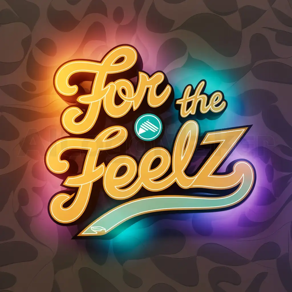 a logo design,with the text 'for the feelz', main symbol:A 60-70s vibe Cursive font Visible under LED lights Colors: Orange, teal, and purple An icon to make it pop A groovy background Lettering that stands out, Moderate,clear background,Minimalistic,clear background