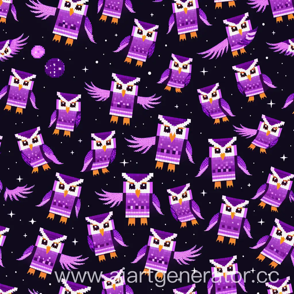 There are a lot of purple pixel owls flying through space. 2d