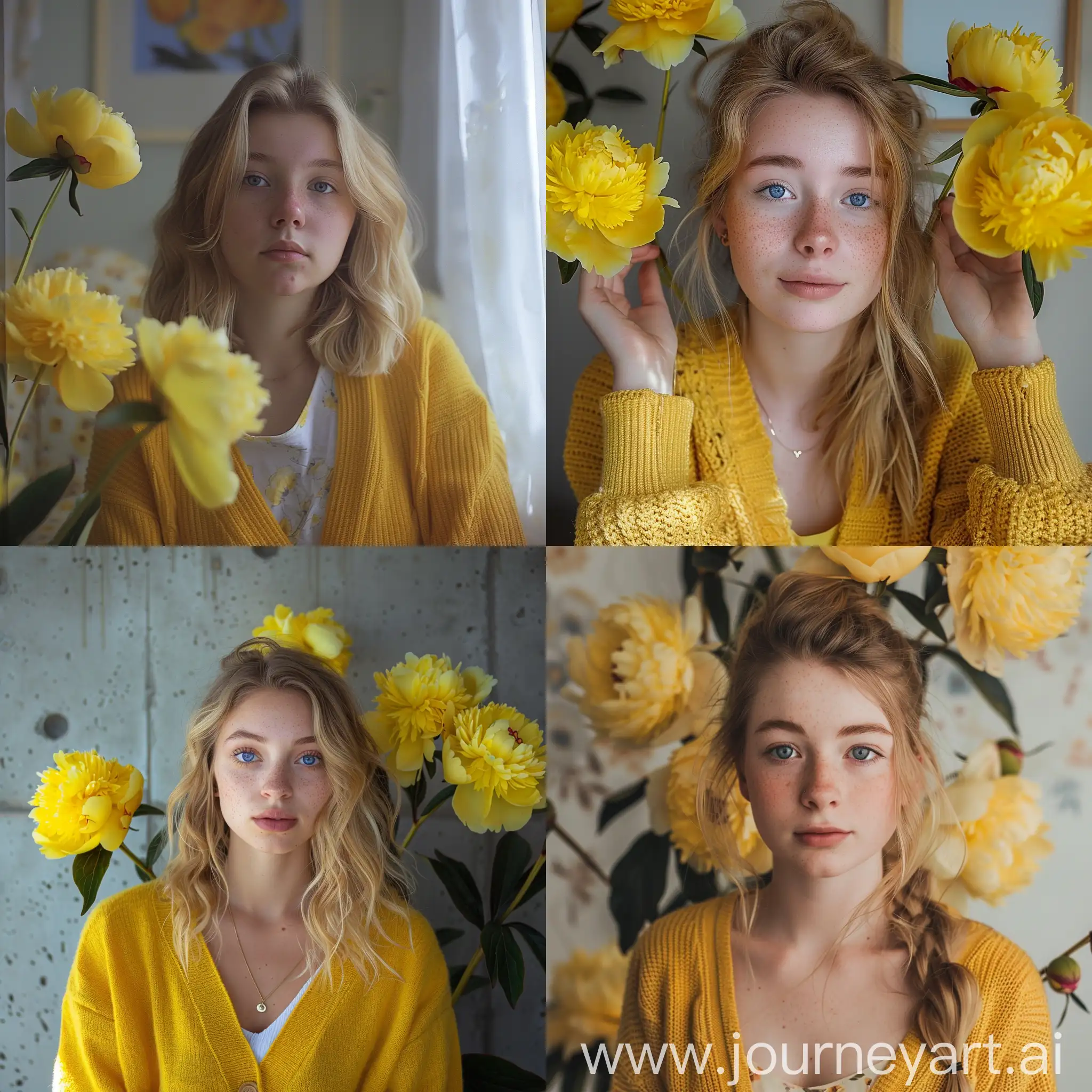 Tranquil-Student-with-Blonde-Hair-Surrounded-by-Yellow-Peonies