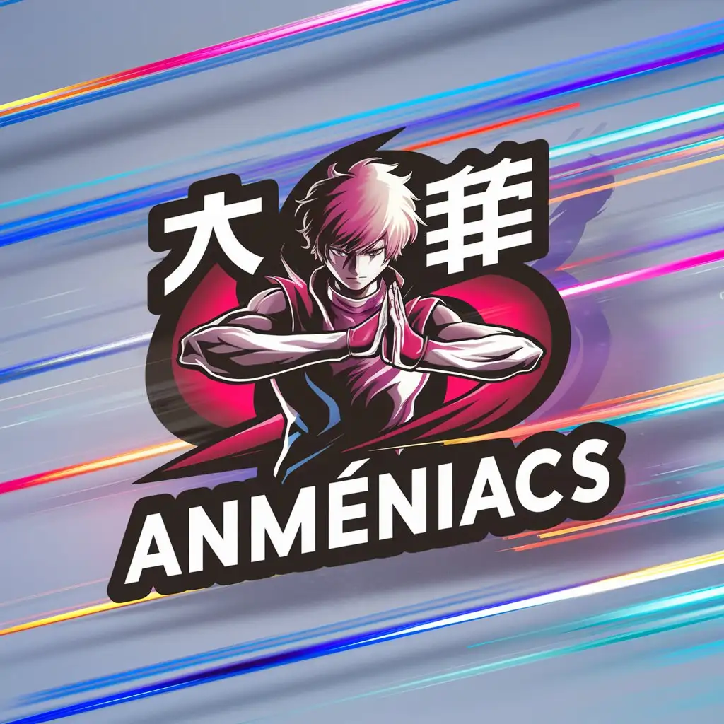 a logo design,with the text "Animéniacs", main symbol:The logo should include characters, Japanese kanji, and an anime background.- I'm especially keen on vibrant and bold colors, so they should be incorporated into the design.- The style of the characters needs to be sleek and modern, rather than cute and chibi, or detailed and realistic.,Moderate,clear background