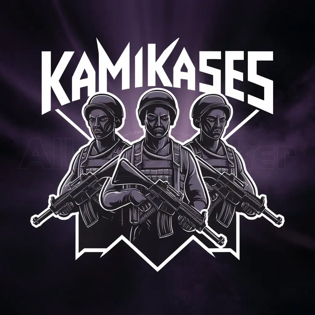 a logo design,with the text "KamiKases", main symbol:tres parcas negras with firearms dressed as military looking at the camera with a dark purple background,complex,clear background