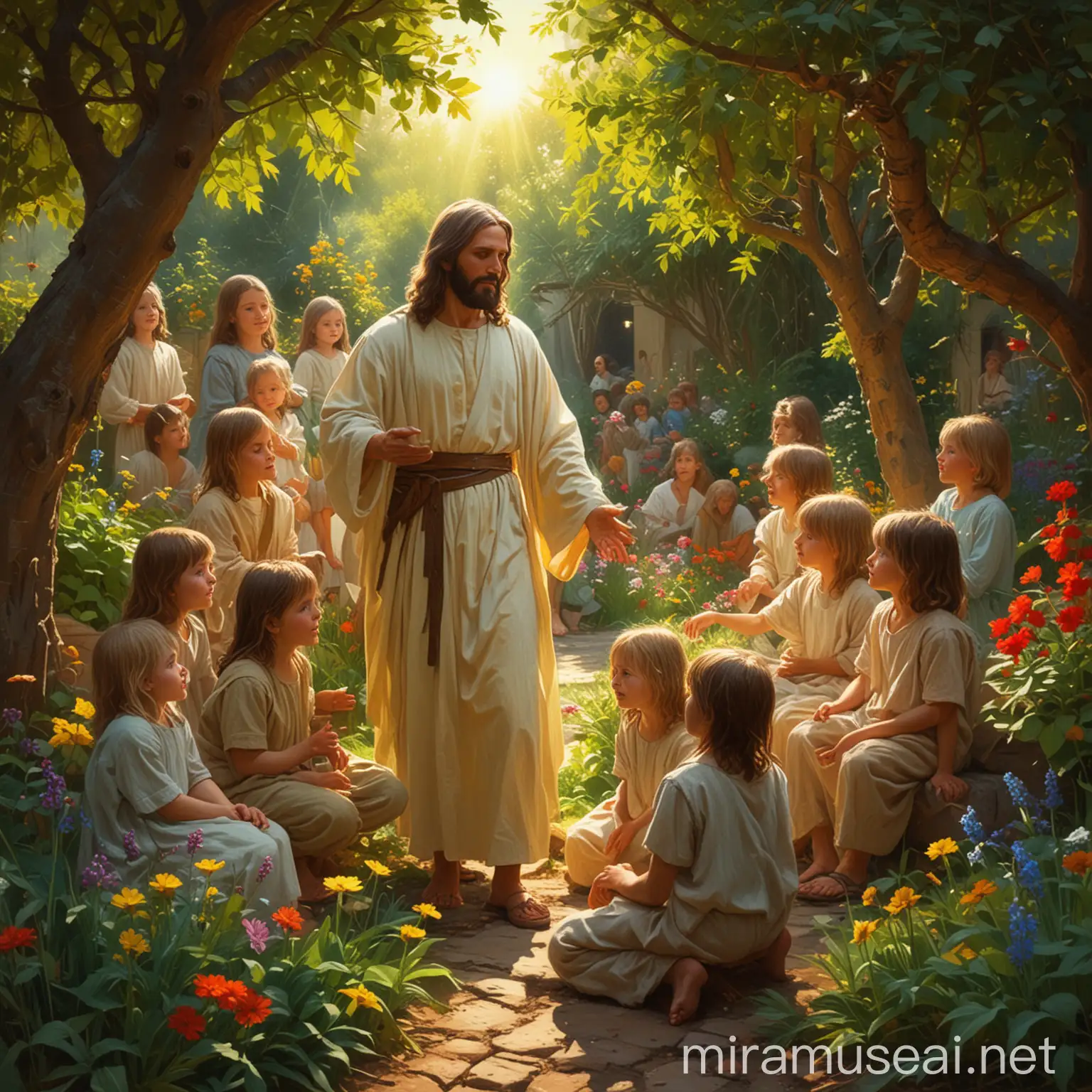 commercial illustration of Jesus Christ play with lot of children and Bayes in a garden, in the style of Realistic, vibrant palette knife, franciszek starowieyski, michael malm, captures the essence of nature, sun-kissed palettes, illustration --ar 58:77 --s 750 --style raw