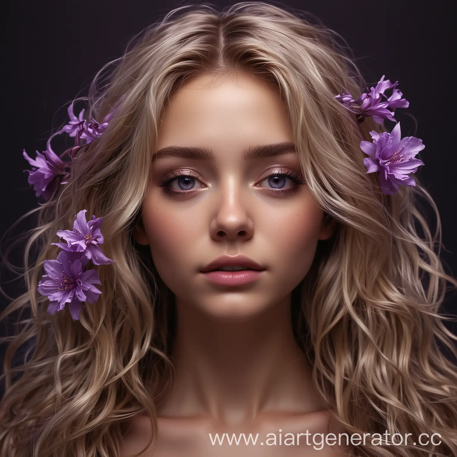 Serene-Girl-with-Wavy-Hair-and-Flower-Buds-in-Purple-Light