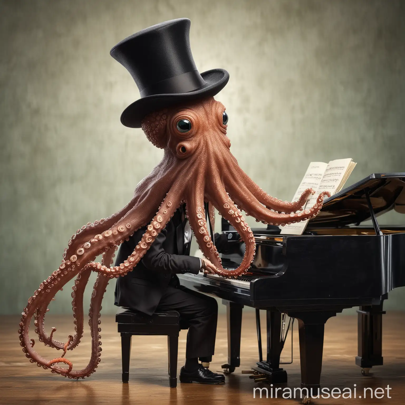 an octopus with a top hat plays the piano