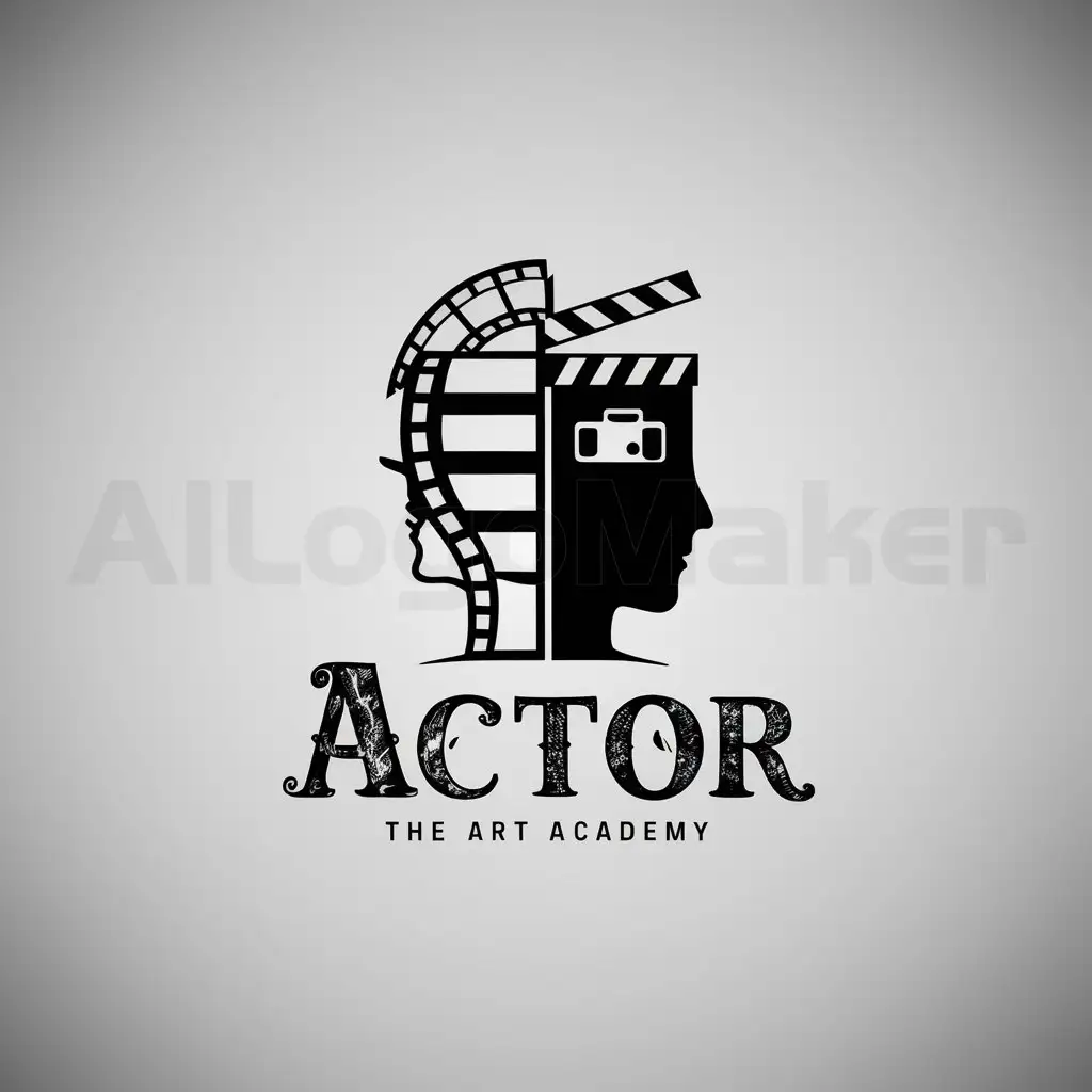 a logo design,with the text "Actor", main symbol:please use traditional and vintage method for logo design and mix cinematic elements such as camera, clapperboard, film strips and also theatrical elements. you can use half of each element and then overall these elements form a human head. Because my art academy will cultivates the artistic mind. please be creative and artistic for designing,Minimalistic,clear background