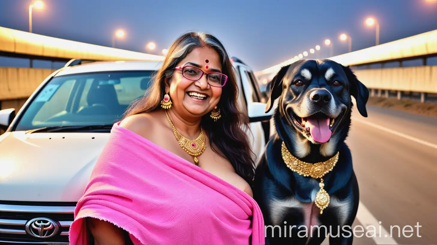  a mature fat indian  woman with 47 years old age wearing a Prescription Eyeglasses on face and a lot of gold ornaments  with curvy body wearing a neon pink wet bath towel   and a blue denim hot jeans pant  with full make up ,open long  hair style, ,near a big black dog  , standing on  a high way near a white toyota fortuner is there    , she is happy and smiling, its night time  and a lot of lights are there 