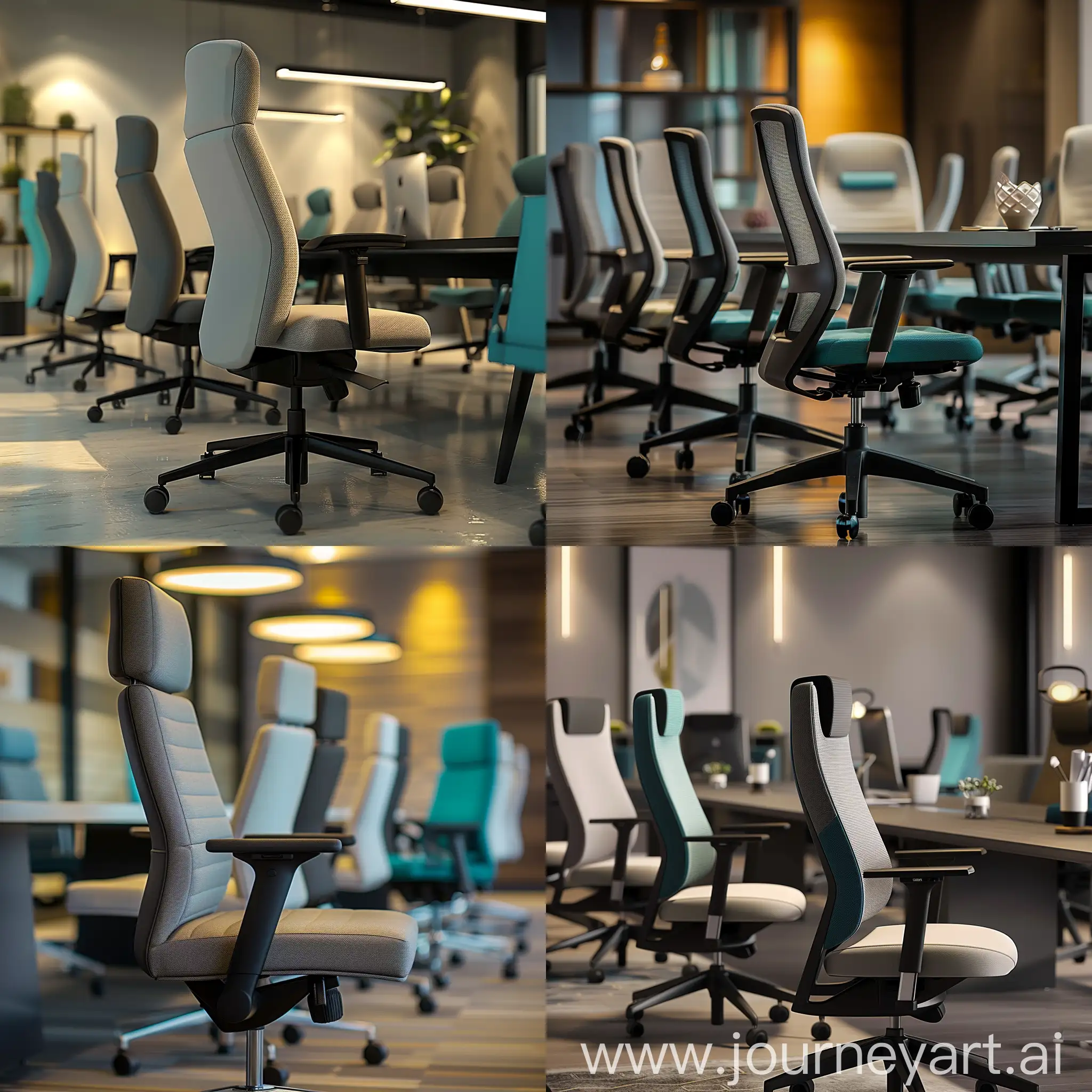 Generate an image of a modern and elegant office, with several ergonomic chairs arranged around a conference table. The chairs should have a contemporary design, with clean lines and high-quality finishes. The main color of the chairs should be a neutral tone, such as gray or black, with accents in a vibrant color, such as blue or green, to add a touch of style. Ensure that the chairs have adjustable backs, padded armrests, and ergonomic seats to promote comfort and good posture. The lighting in the room should be bright but warm, highlighting the details of the chairs and creating a welcoming and professional atmosphere.