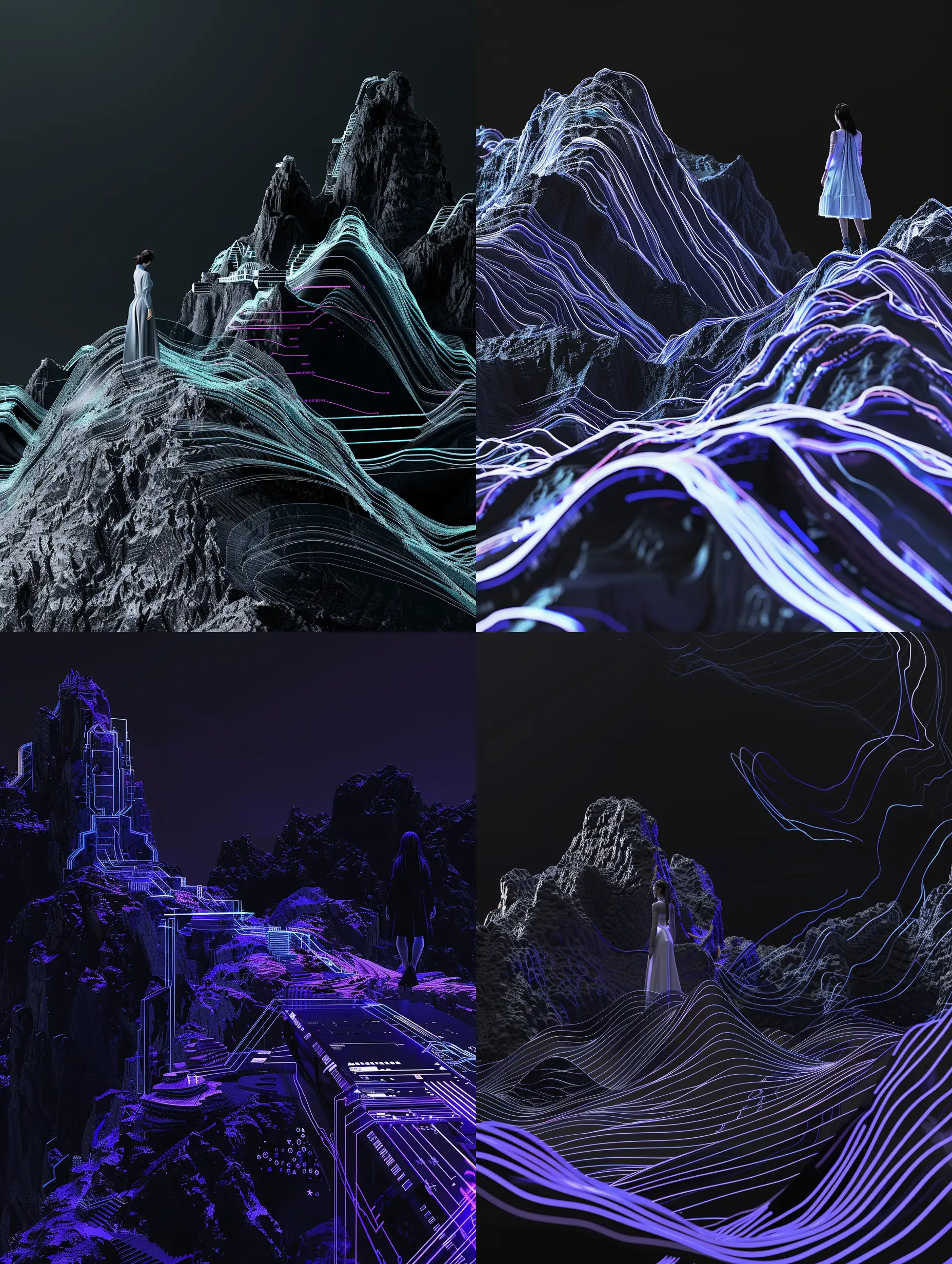 一个机械感3d山水，山上站着一个女人，黑色背景和蓝紫科技，时尚，中国风，线条感，中国传统文化，传统山水，高科技未来主义风格，超高清，C4D渲染，精细化描述，8k