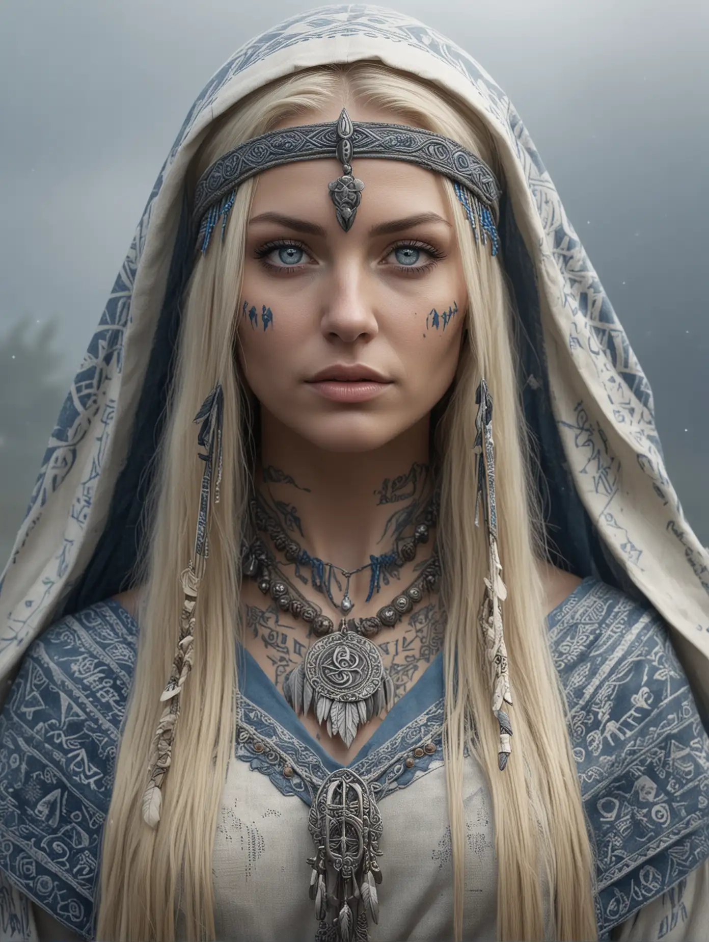 A standing nordic female shaman, blue eyes, tattooed face, a very long blond hair wearing a gray, light yellow veil and blue tunic adorned with many mystical signs, a white raven in the back : 1
| Very detailed, grey, windy, misty atmosphere : 1.
| Highly detailed,high precision,focus on textures, hyperrealistic : 1.
