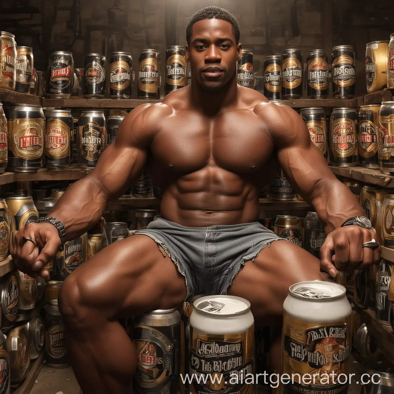Muscular-African-American-Man-Surrounded-by-Beer-Bottles