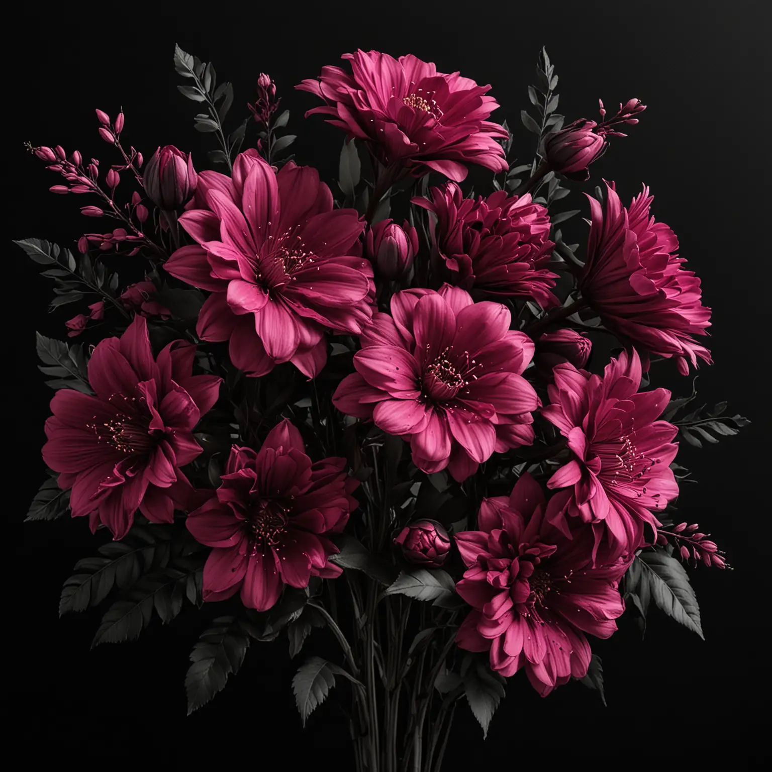 Vibrant Magenta Flower Bouquet Outlines on Black Background