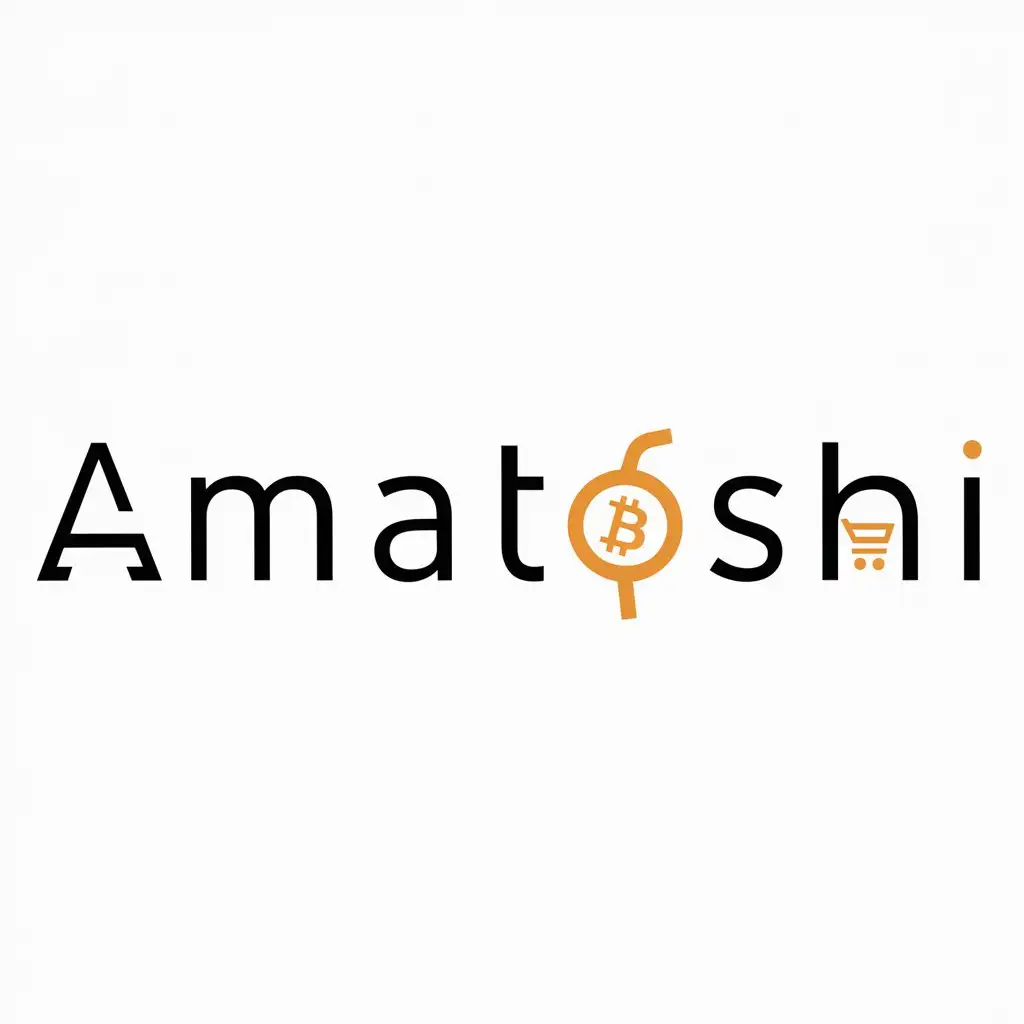 a logo design,with the text "Amatoshi", main symbol:Design a simple and modern logo for 'Amatoshi'. Use a clear black background. Integrate a small shopping cart icon within the letter 'O' in 'Amatoshi' and place a Bitcoin symbol as the dot over the 'i'. Use a sleek, contemporary font to ensure the text is easy to read. The overall design should be clean, balanced, and professional,Moderate,clear background