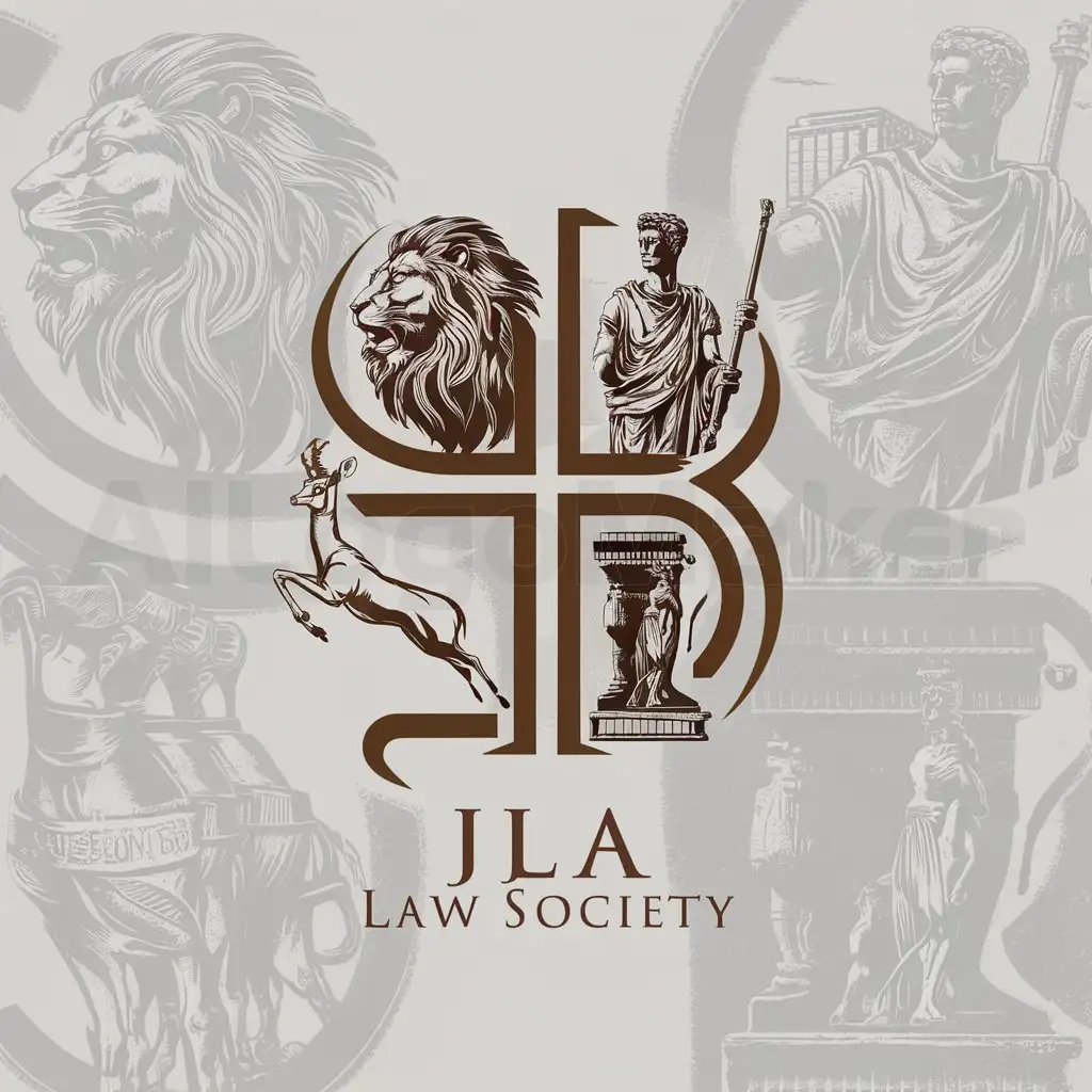 a logo design,with the text "JJLA LAW SOCIETY", main symbol:LEONES, ROMA, ESTATUAS,complex,clear background