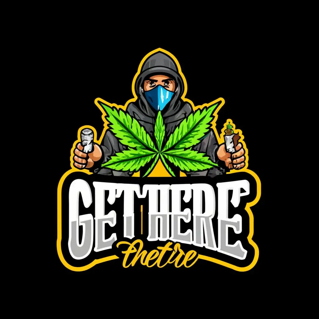 a logo design,with the text "Get There", main symbol:A highly detailed weed inspired background with a cartoon character wearing a balaclava holding money and a joint.,complex,be used in Others industry,clear background