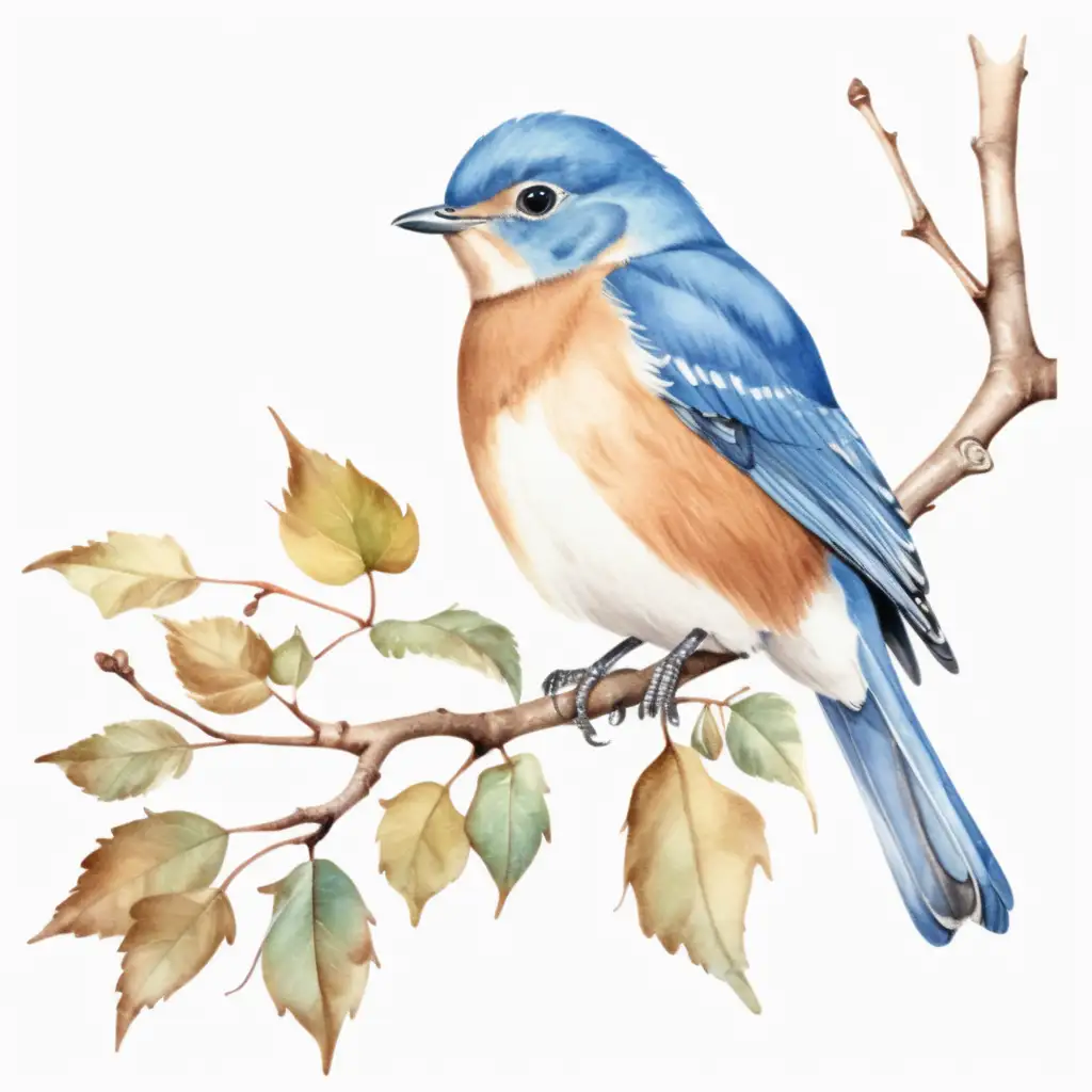 Aesthetic Watercolor Blue Bird on Branch White Background Clipart