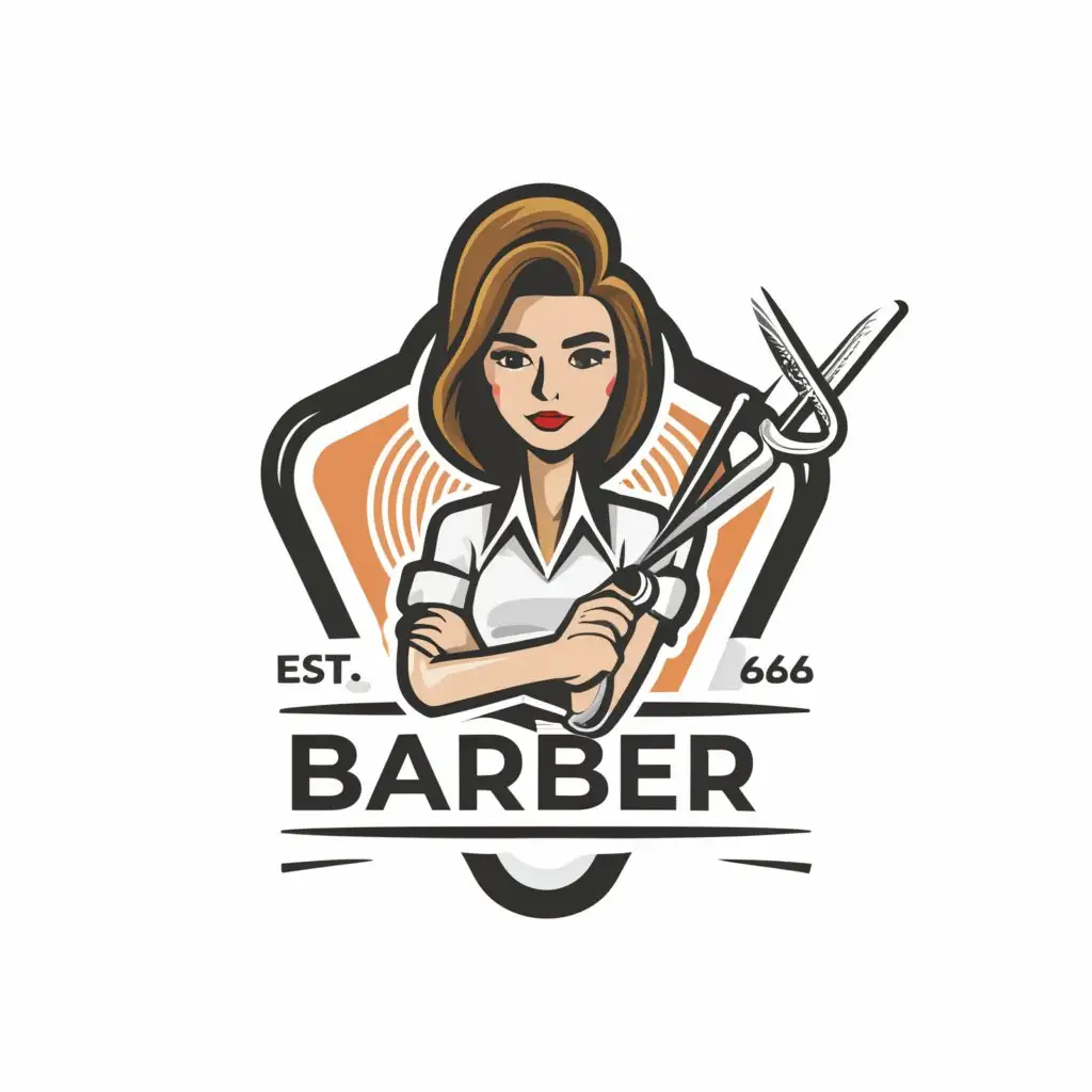 a logo design,with the text "Barber", main symbol:Female barber, moustache, scissors, simple, modern,Minimalistic,clear background
