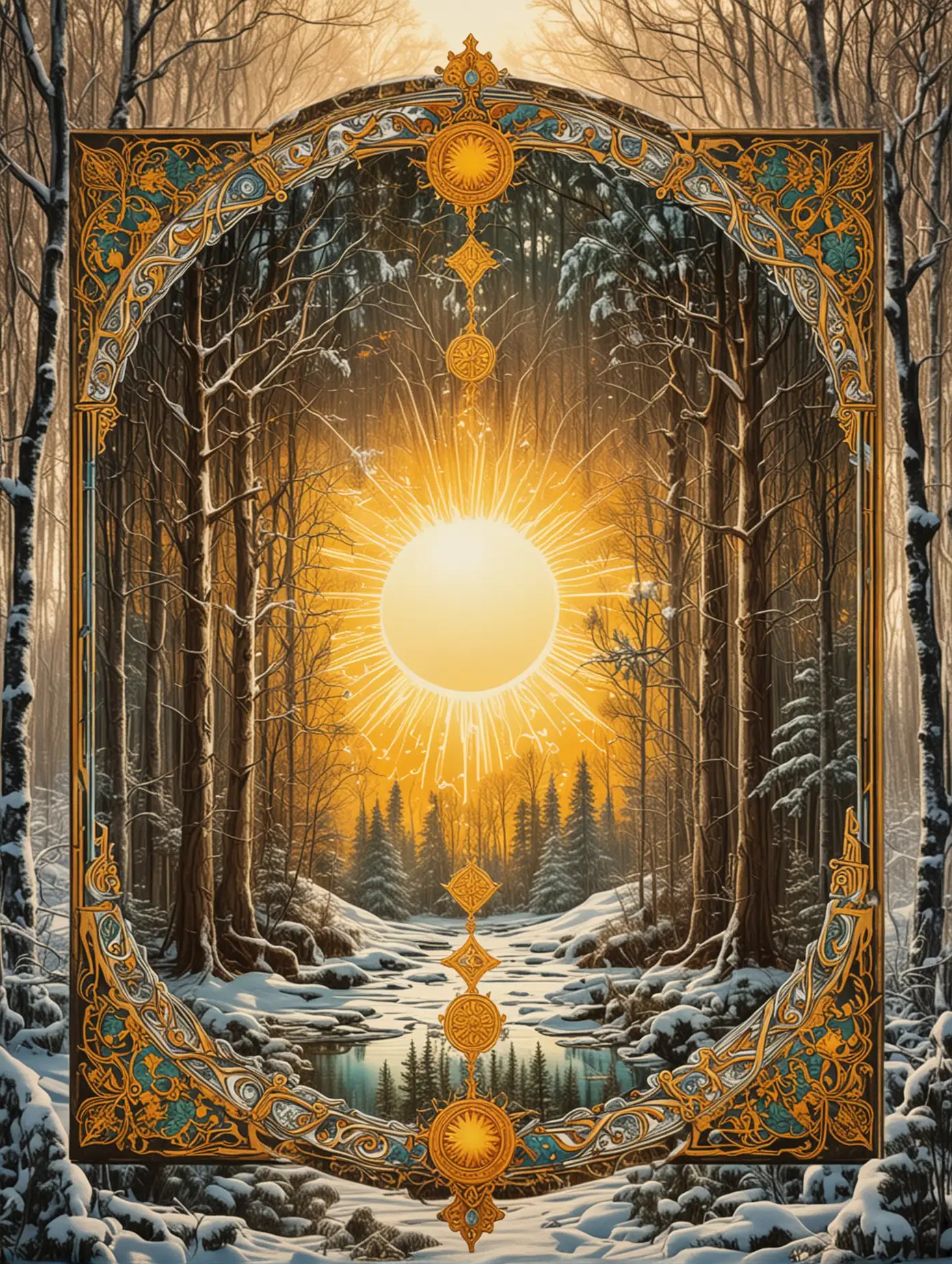 Slavic-Style-Tarot-Card-with-Bright-Sun-Above-Winter-Forest