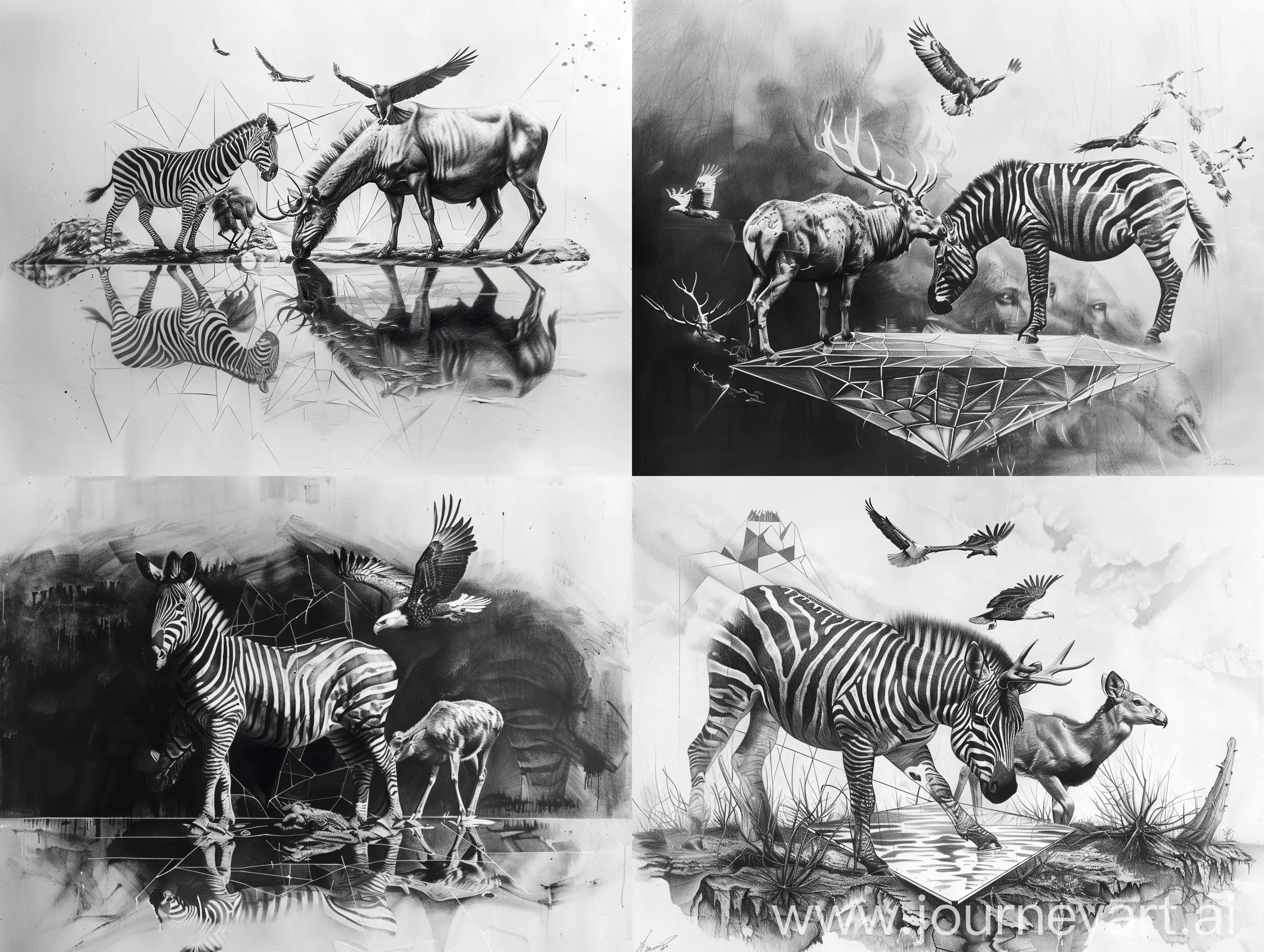 creative dark hyper realistic pencil sketch of a zebra and deer on a glass surface while the  eagles are flying over their head on a large canvas in great details