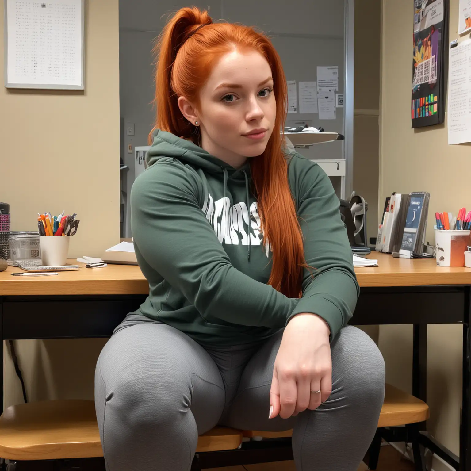 Candid selfie, a heavily built 16 yo redheaded muscle girl with huge thick bulky thighs and huge thick beefy biceps, huge thick bulky triceps, wearing leggings and a tight hoodie,  sitting at a desk