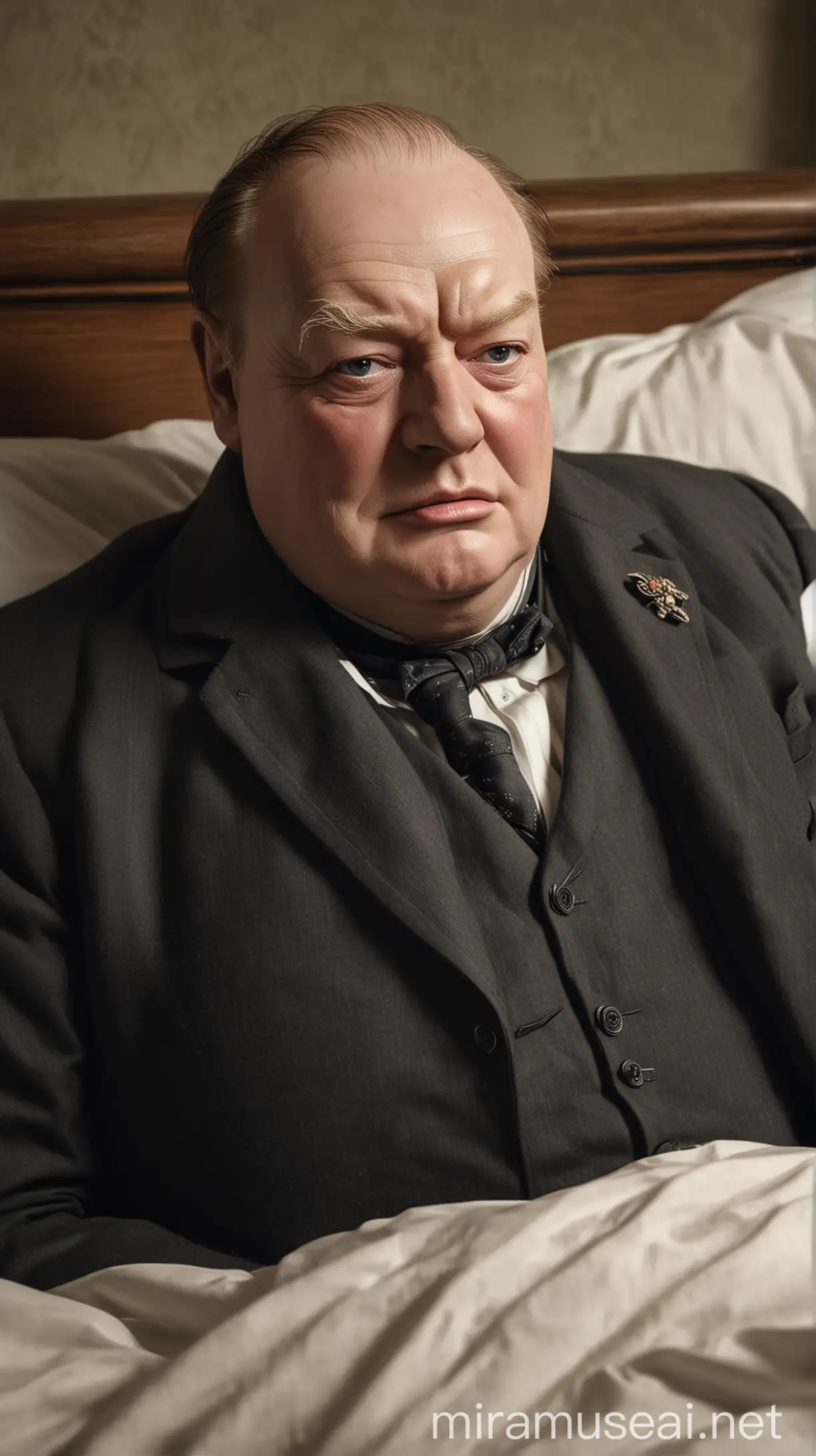 Churchill lying in bed, delivering his final words with a smirk. hyper realistic