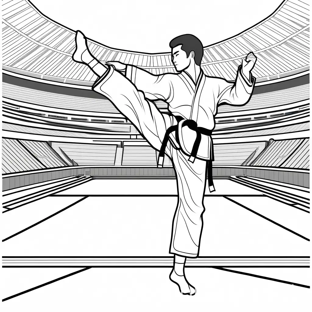 create a large image of Taekwondo game in olympic games for a coloring book with WHITE background and no shading, Coloring Page, black and white, line art, white background, Simplicity, Ample White Space. The background of the coloring page is plain white to make it easy for young children to color within the lines. The outlines of all the subjects are easy to distinguish, making it simple for kids to color without too much difficulty