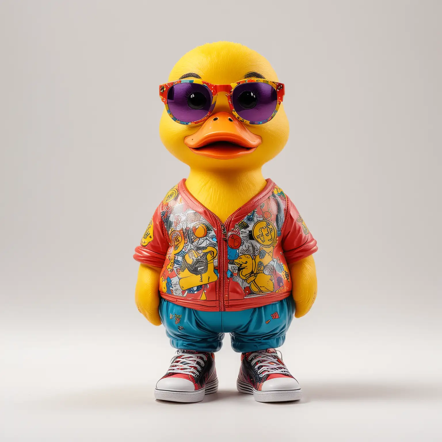 bitcoin yellow duck in full growth with colorful glasses and tattooed and dressed in sneakers on a white background