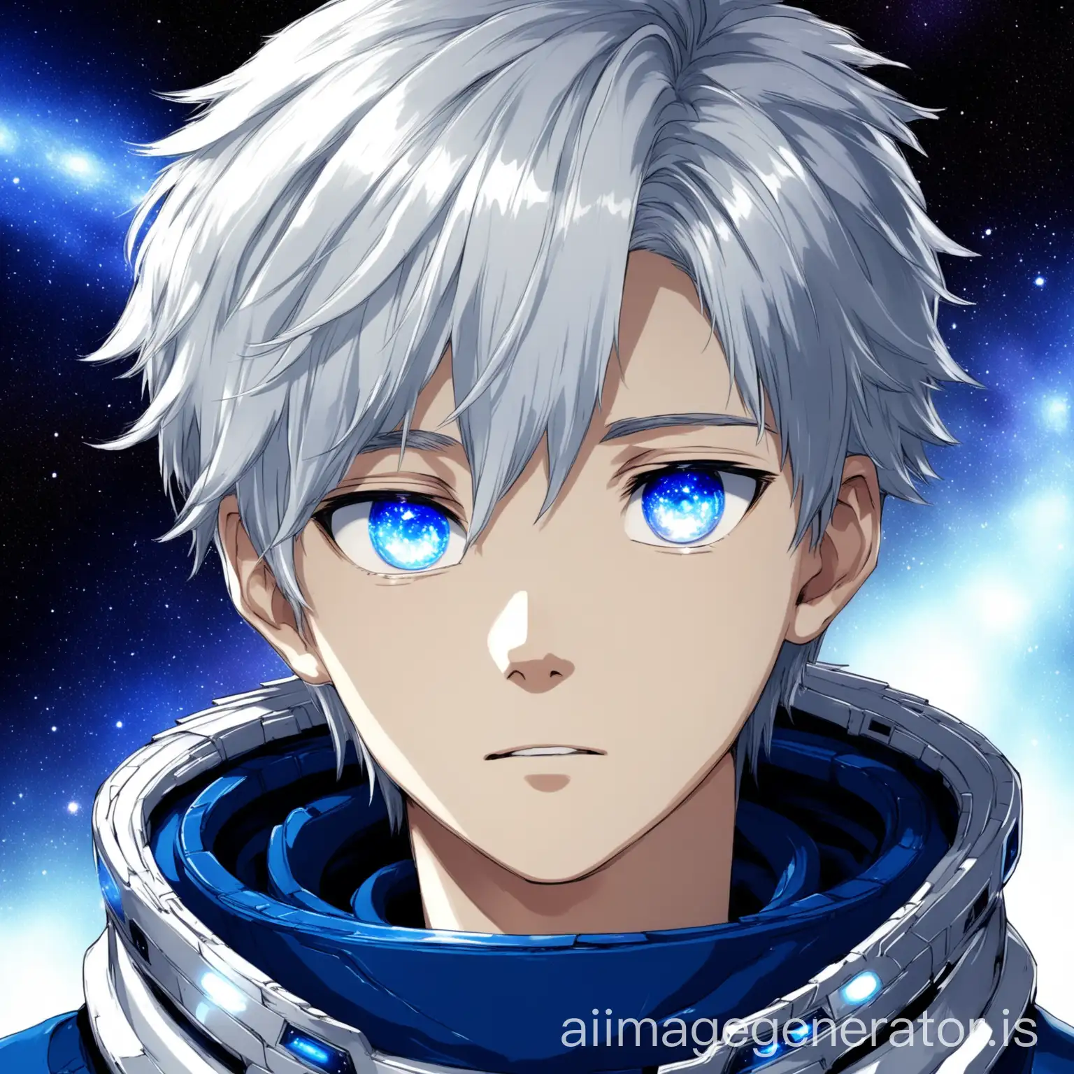 a 16 year old boy with silver hair and white edges and galactic blue eyes