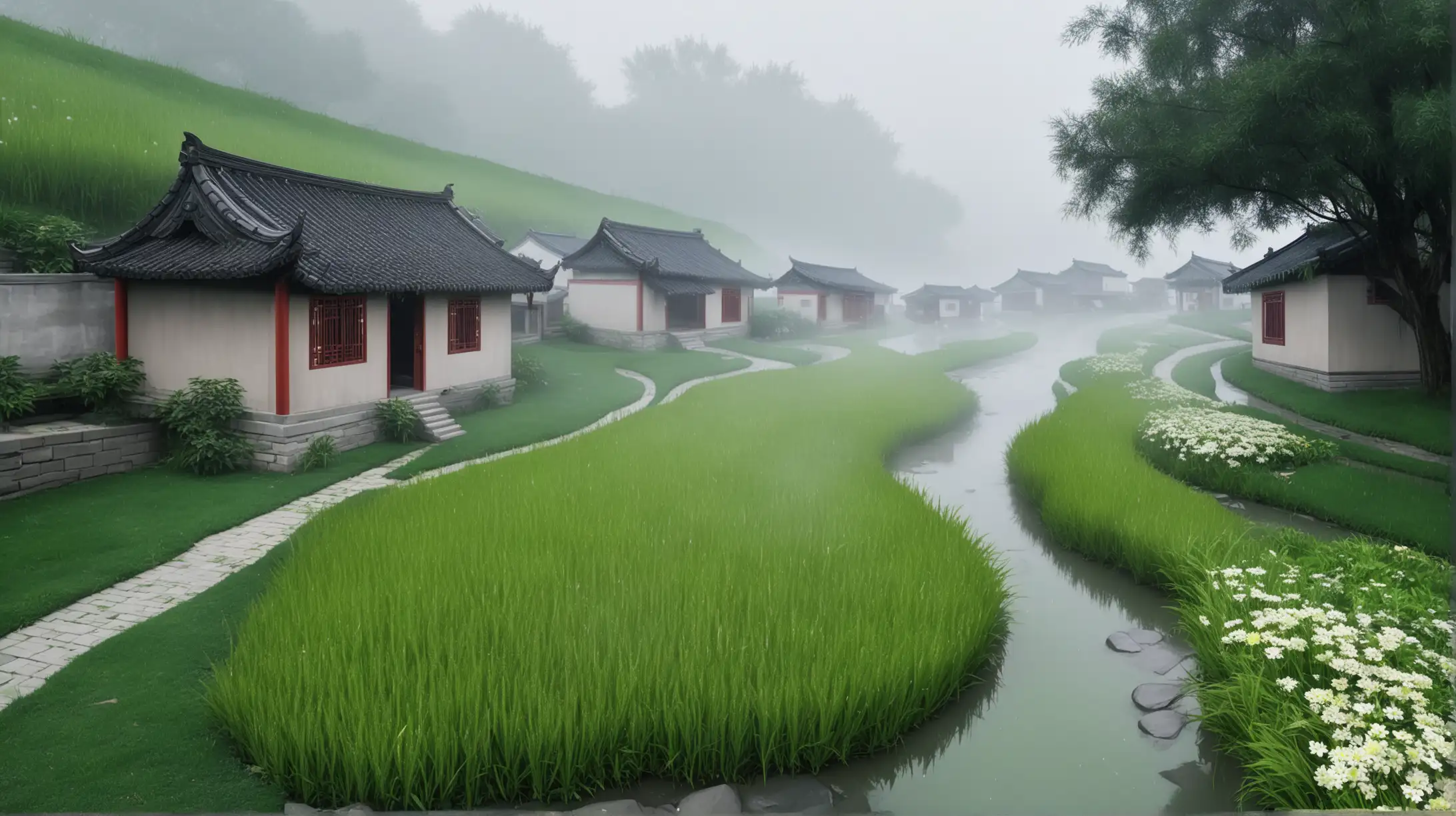 Tranquil Jiangnan Countryside Misty Rain Over Small House by the Riverbank