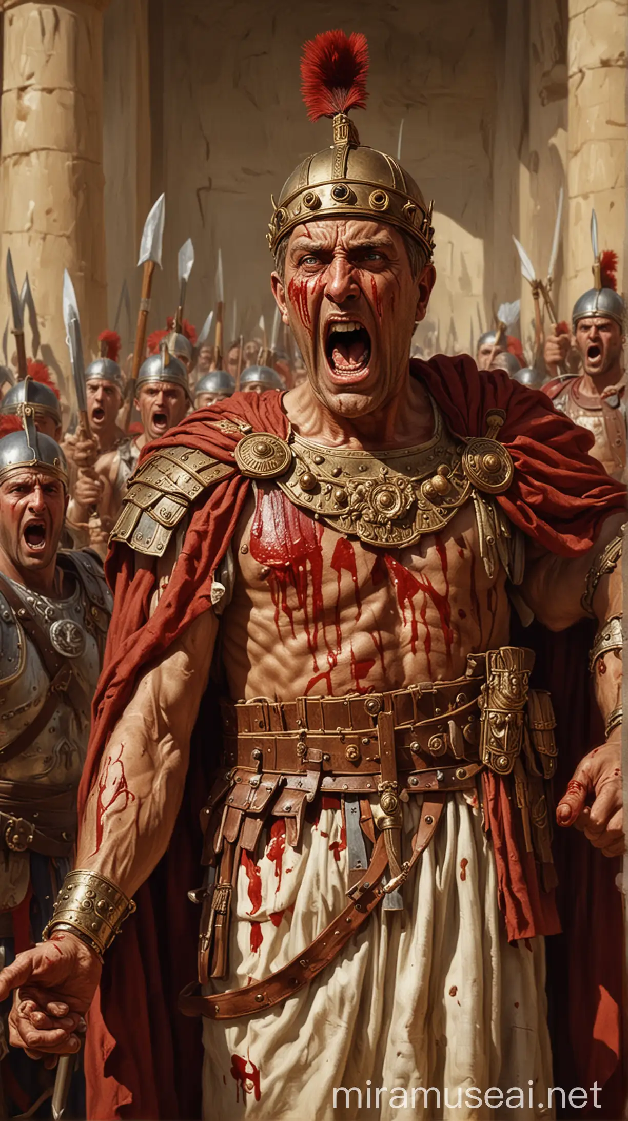 Illustrate Emperor Valentinian angrily yelling at envoys from a Germanic tribe, with a burst blood vessel depicted.

