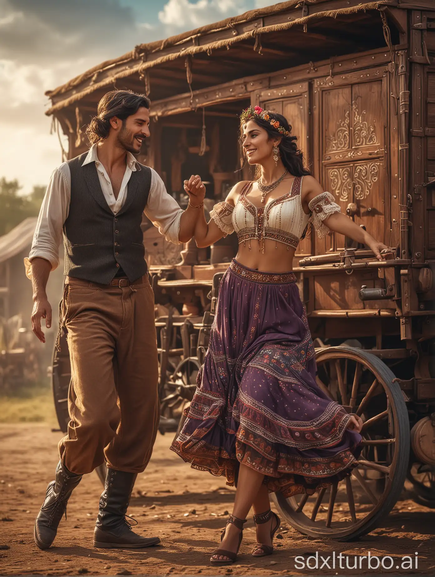 A hyper realistic photograph of an attractive Gypsy couple dancing in front of their wagon in dynamic poses, digital raw photography, intricate details, depth of field, cinematic lighting, joy, happiness