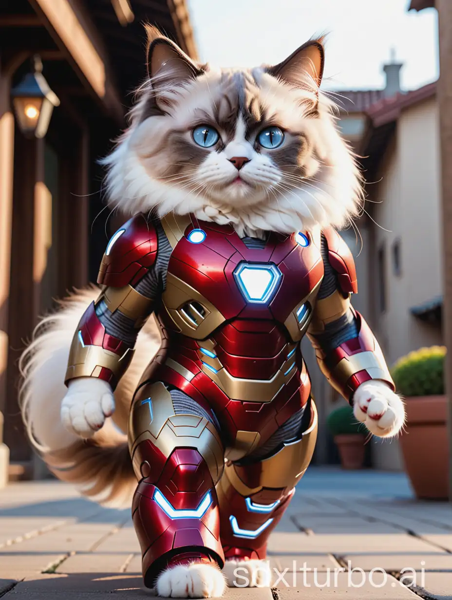 Ultra-detailed,super high quality,8k,RAW photo,best quality,masterpiece,a Ragdoll cat,walking,wear a iron-man mercha,disney style