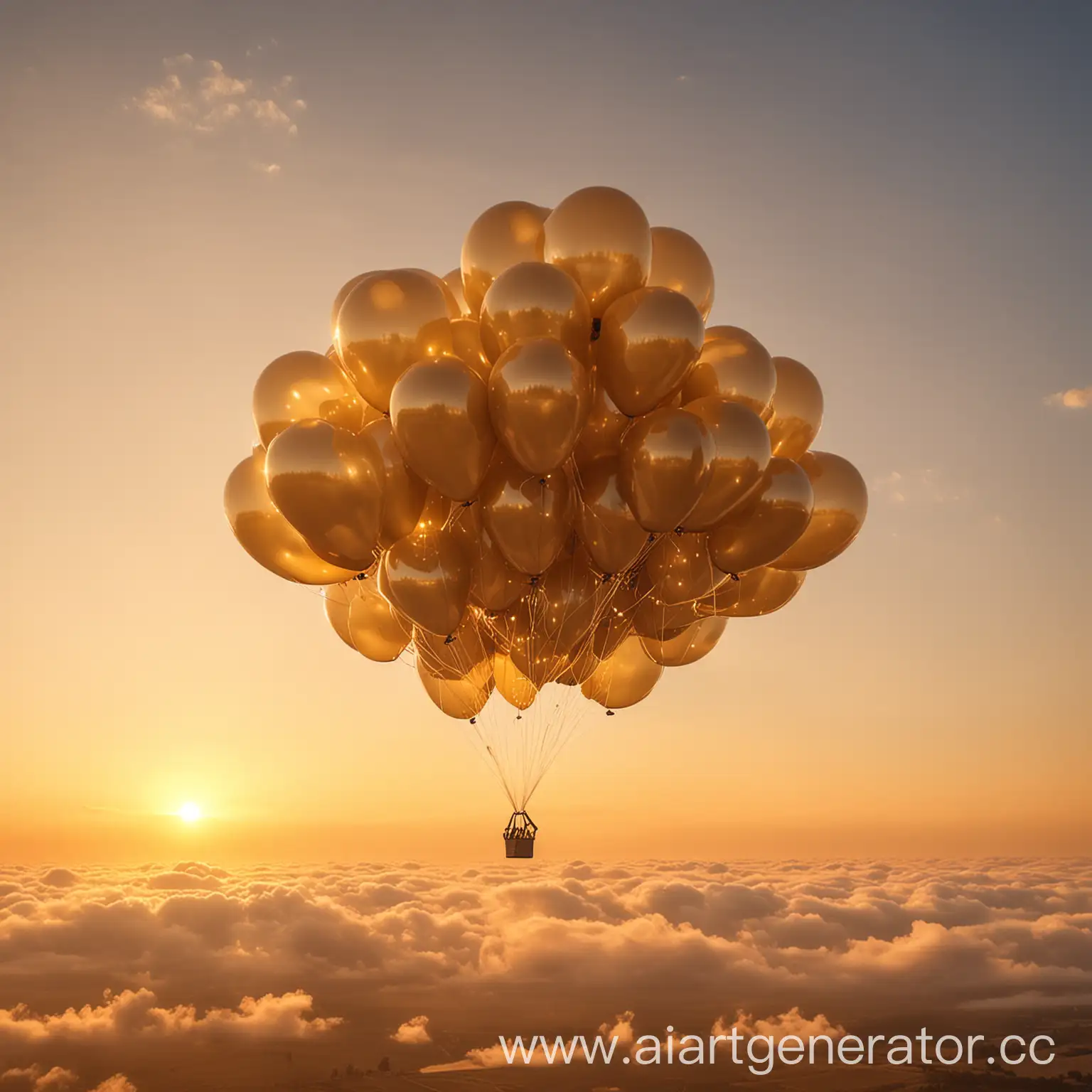 связка гелевых воздушных шариков в форме облака, с золотой дымкой, на фоне неба, закатные нежные золотые лучи. нежная картинка, уютная картинка