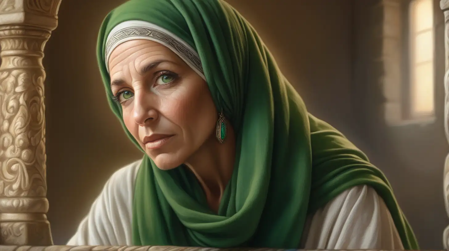 epoque biblique, une belle femme hébreu 50 ans, tête couverte avec un foulard vert, assise dans une maison hébreu