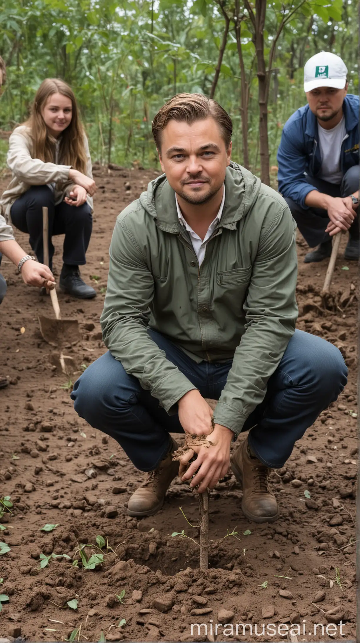 A candid shot of Leonardo DiCaprio on a environmental activism trip, kneeling in the dirt and planting a tree with a group of volunteers."
