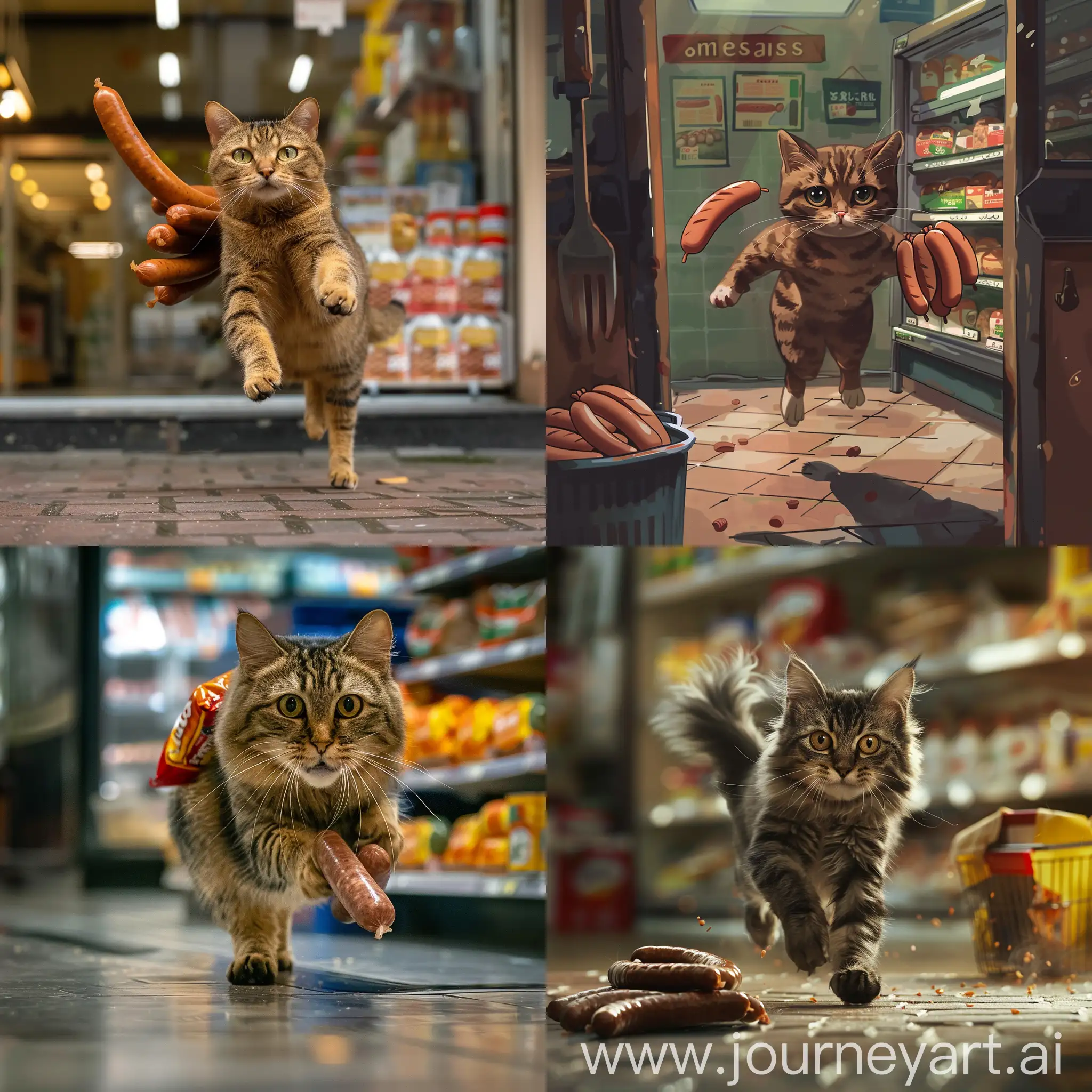 A sad cat runs with sausages from the store