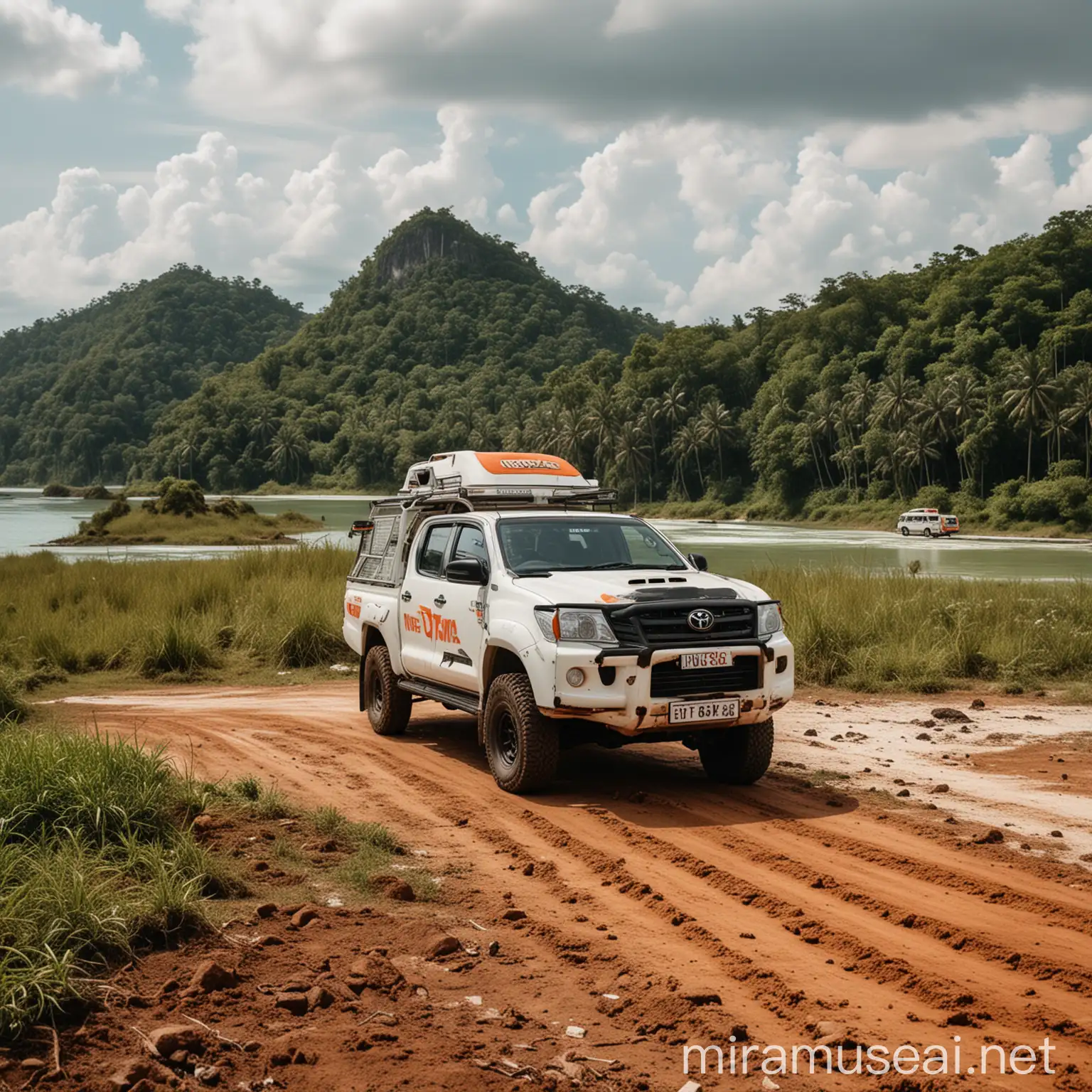 panoramic view over thai islands, white Toyota Hilux with a small but  adventurous motorhome conversion, off road tires, truck is slightly dirty, bold orange logo saying 'Indie Campers' on the side of the truck